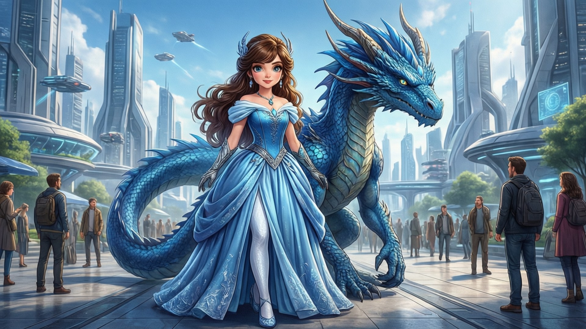 Belle, blue dragon, futuristic city, Full HD Desktop Wallpaper