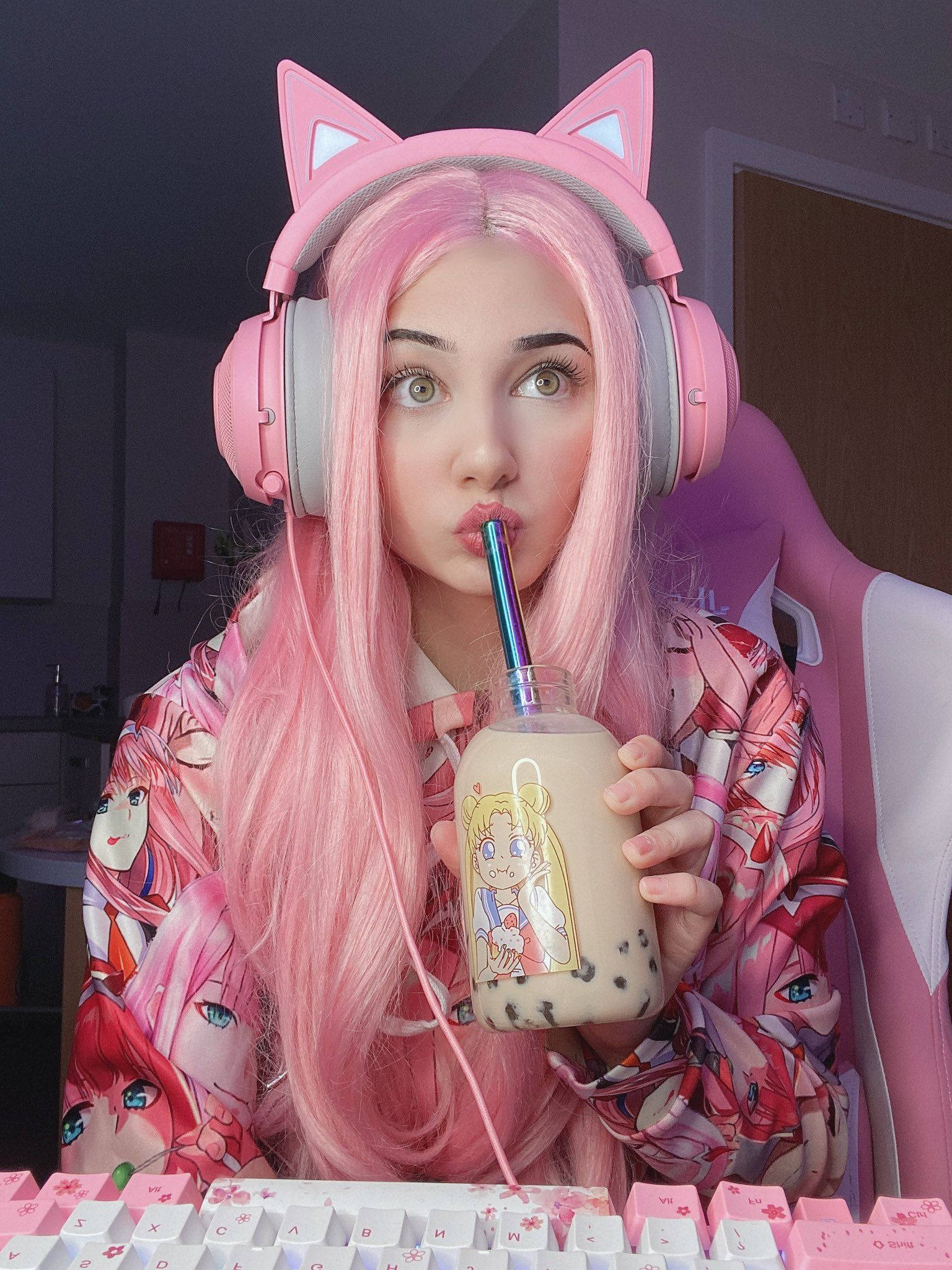 Belle Delphine, pink hair, cat ear headphones, Full HD Phone Wallpaper