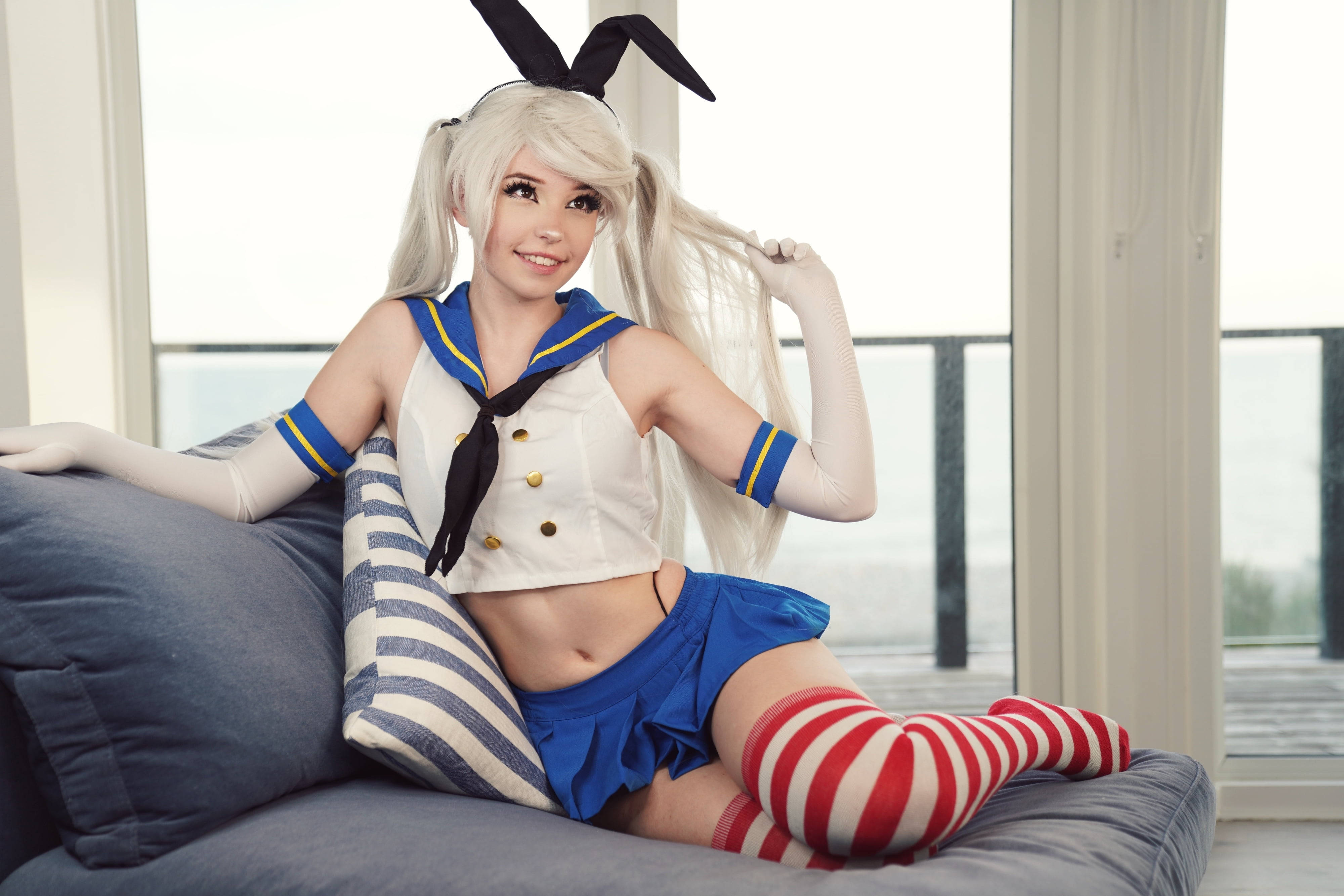 Belle Delphine, bunny headgear, sailor outfit, 4K Desktop Wallpaper