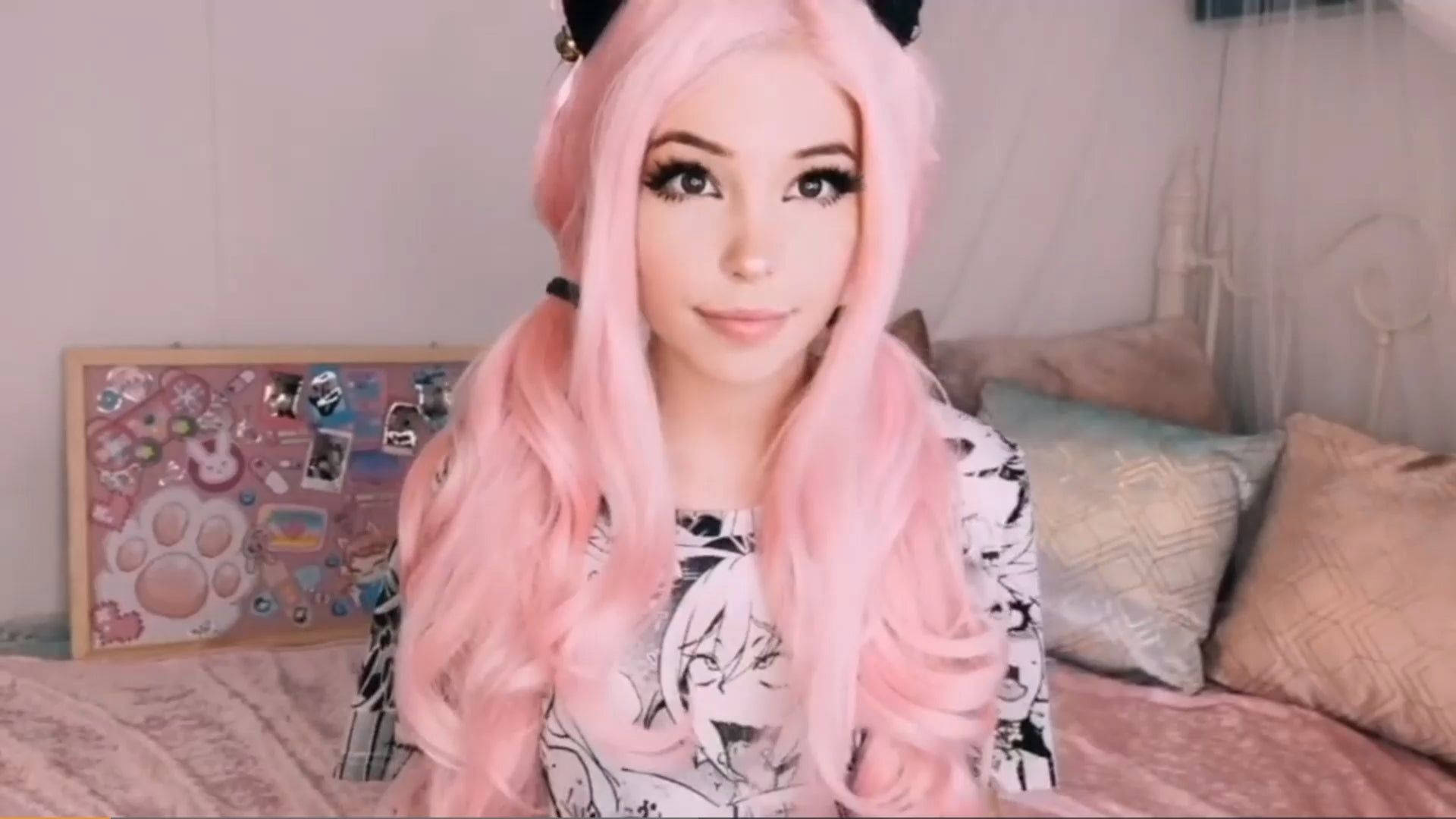 Belle Delphine, anime print shirt, long pink hair, Full HD Desktop Wallpaper