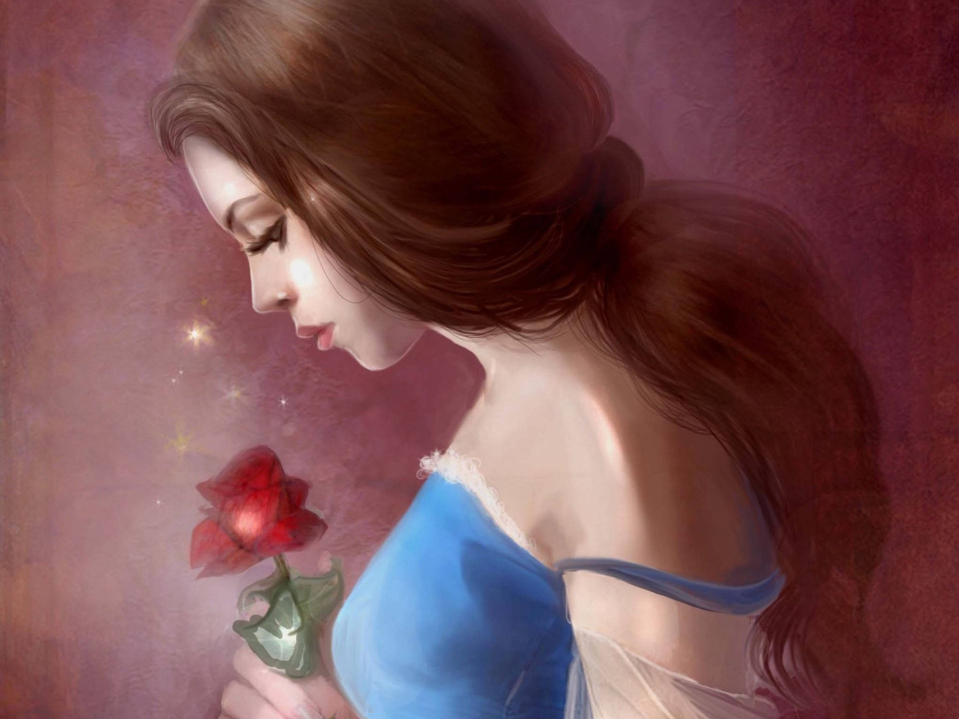 Belle, blue dress, red rose, Full HD Desktop Wallpaper