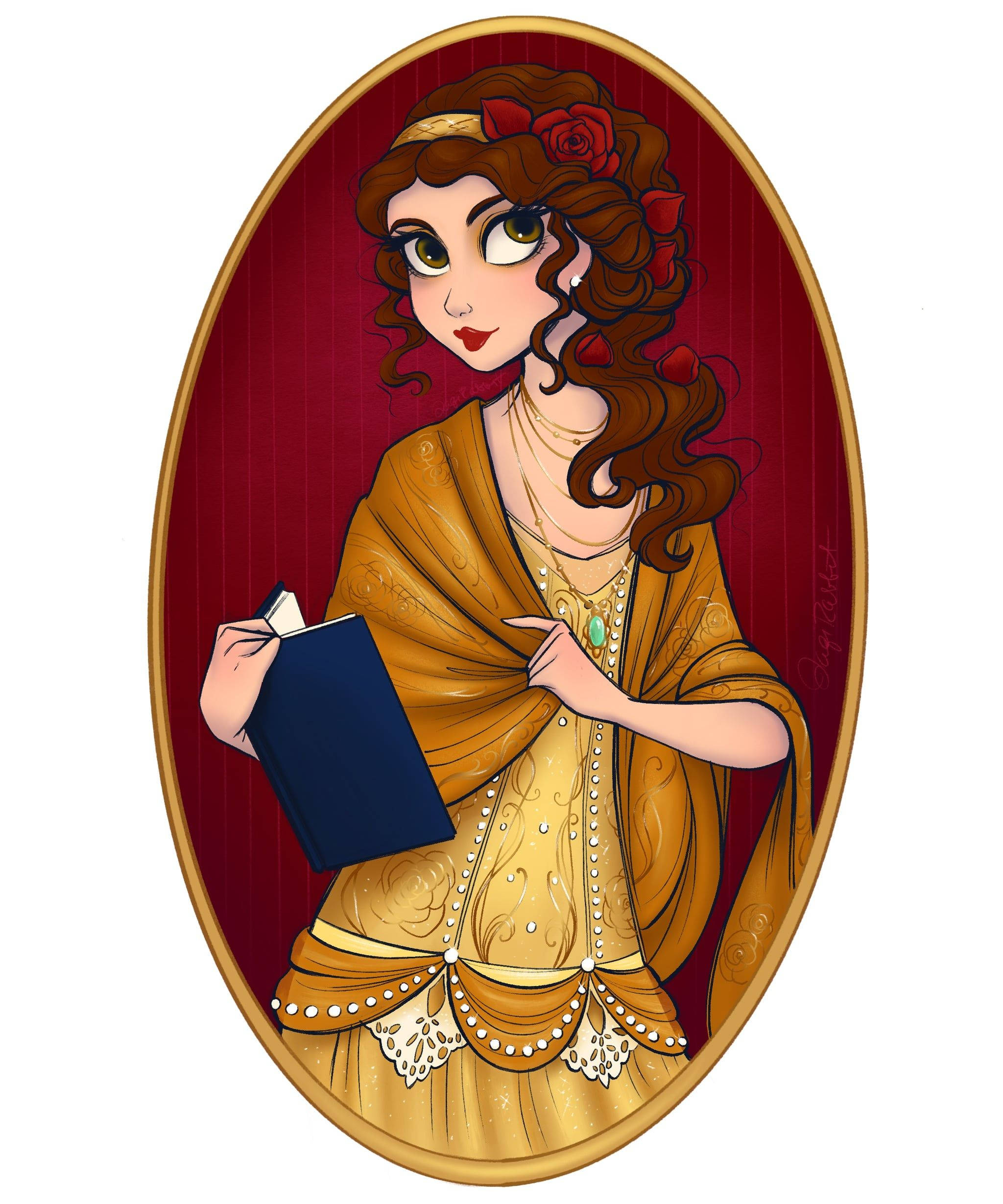 Belle, red roses, golden gown, Full HD Phone Wallpaper
