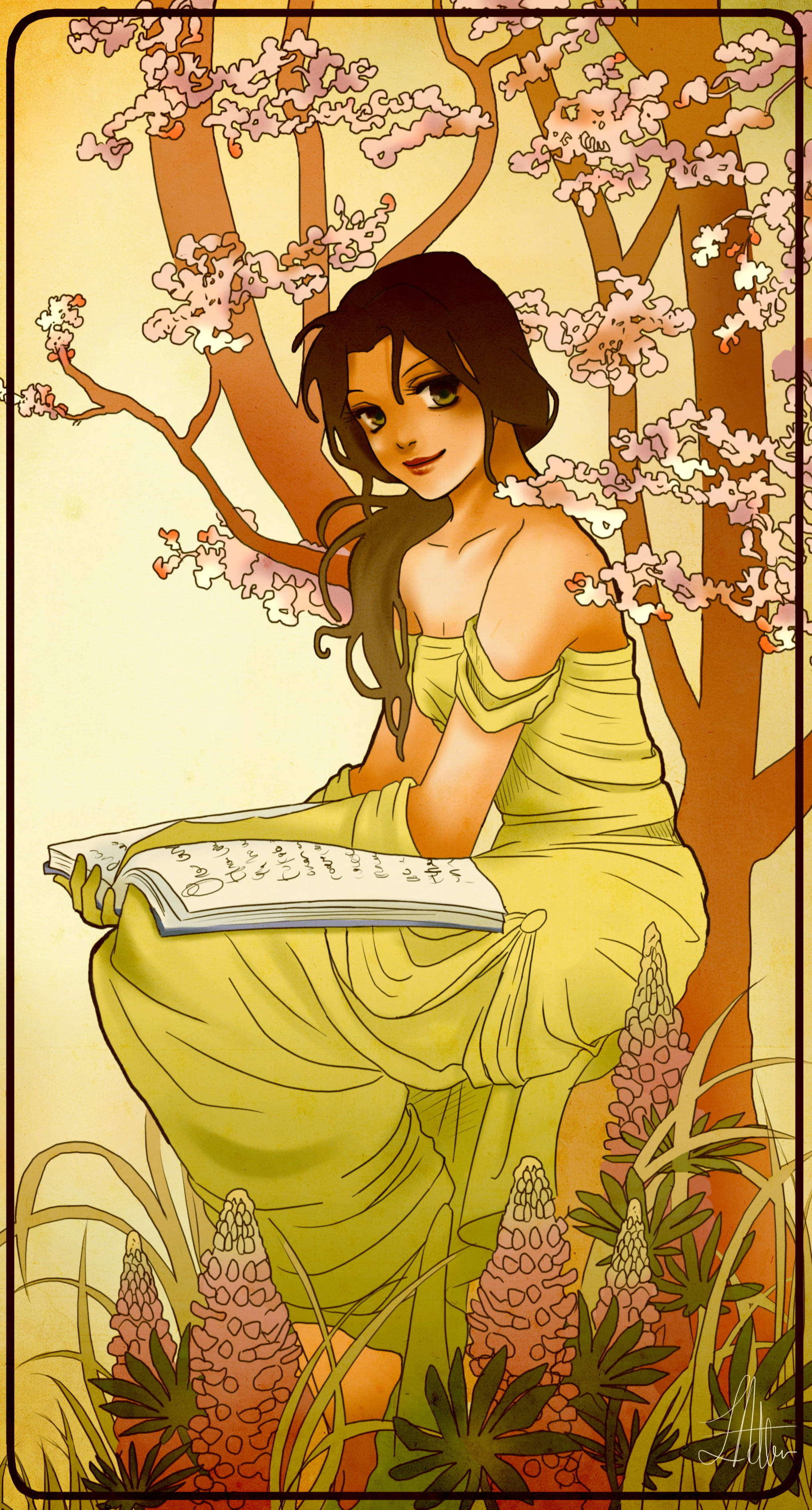 Belle, yellow dress, cherry blossom trees, 2K Phone Wallpaper