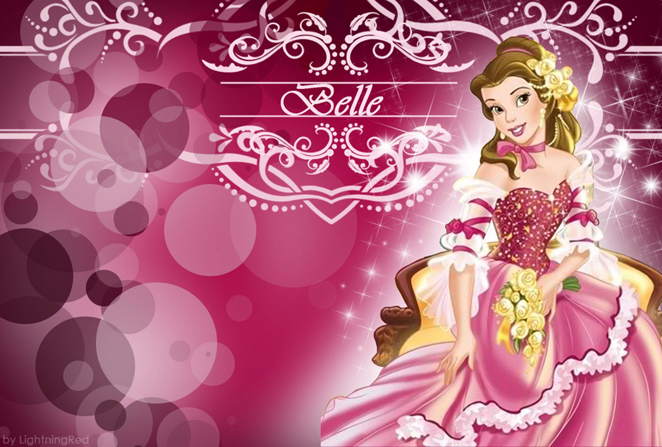 Belle, pink gown, roses, 2K Desktop Wallpaper