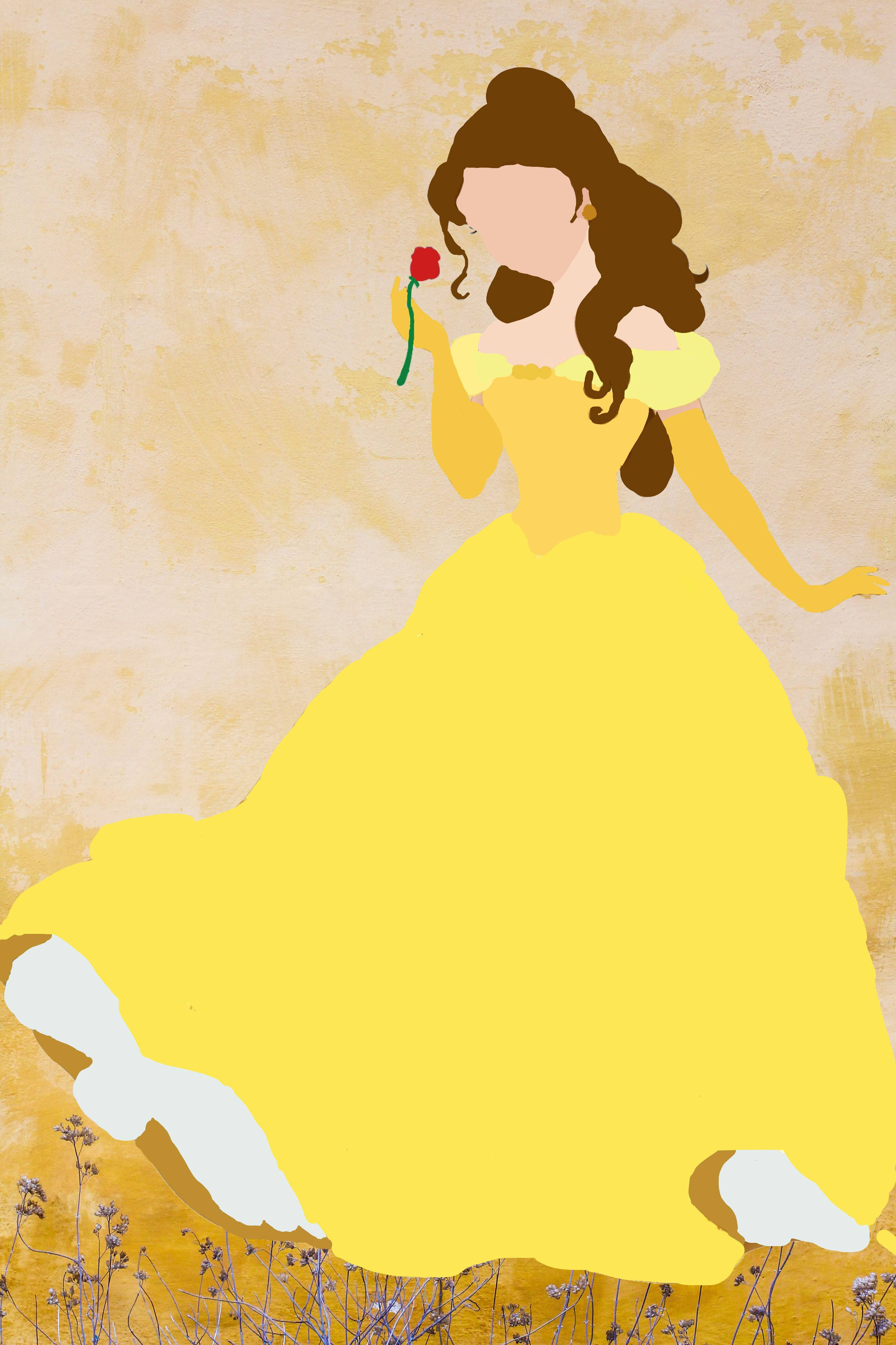 Minimalist Belle, yellow gown, red rose, 4K Phone Wallpaper