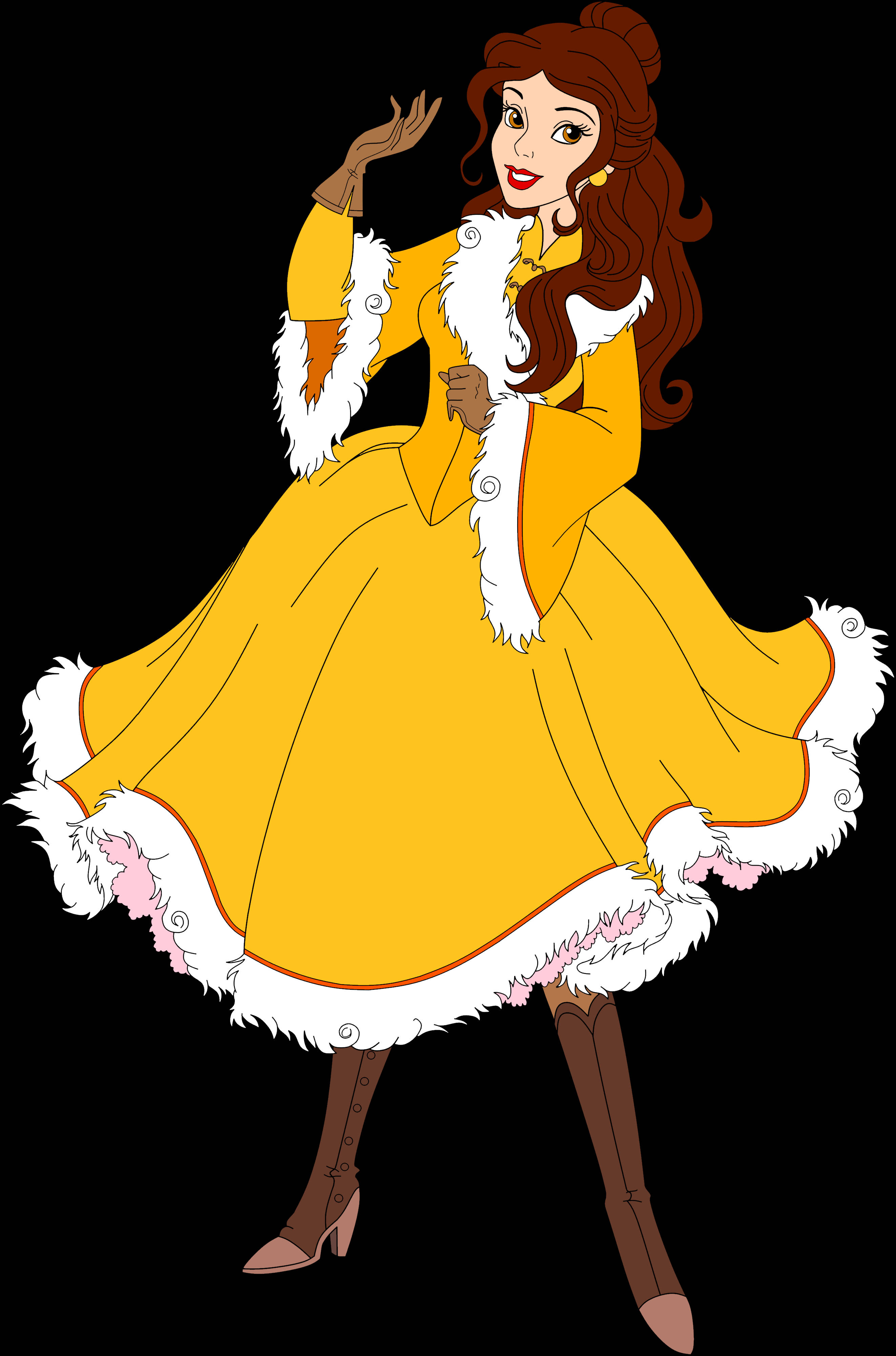 Belle, vibrant yellow winter coat, white fur trim, 4K Phone Wallpaper