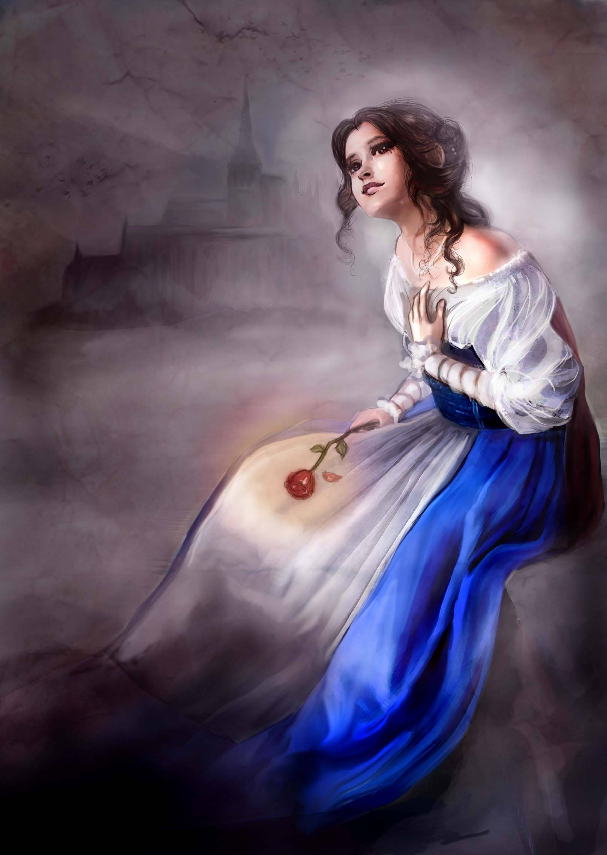 Belle, blue and white gown, red rose, 2K Phone Wallpaper