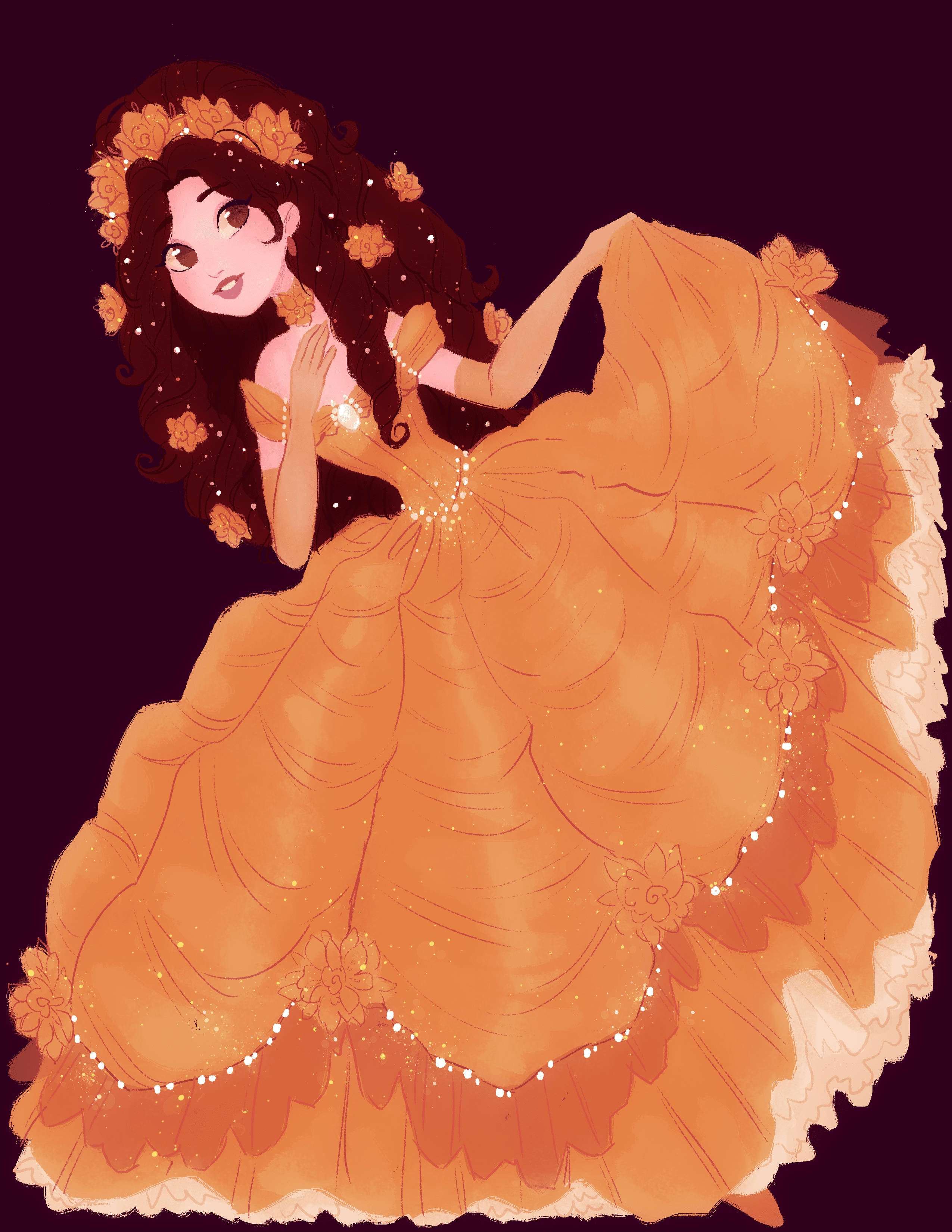 Belle, orange gown, floral details, 2K Phone Wallpaper