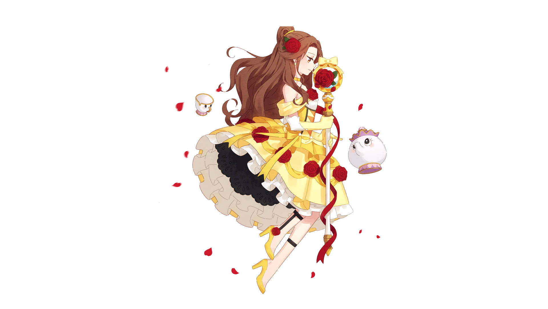 Anime Belle, yellow dress, red roses, Full HD Desktop Wallpaper