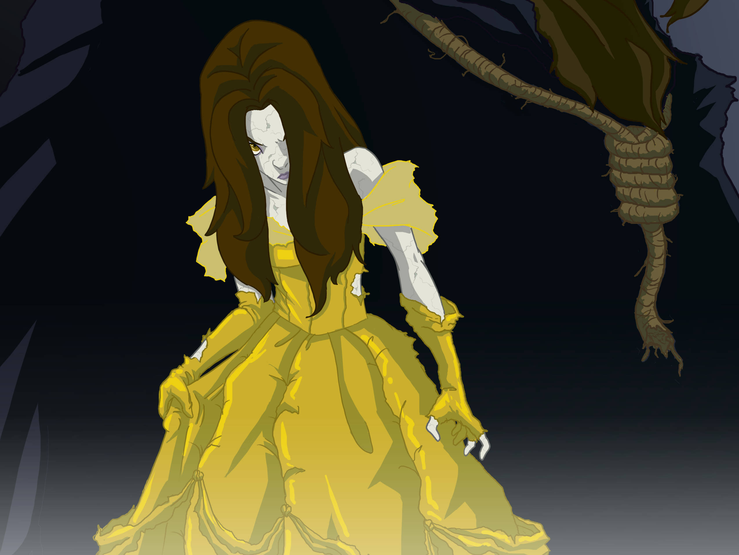 Belle, yellow gown, dark cave, Full HD Desktop Wallpaper