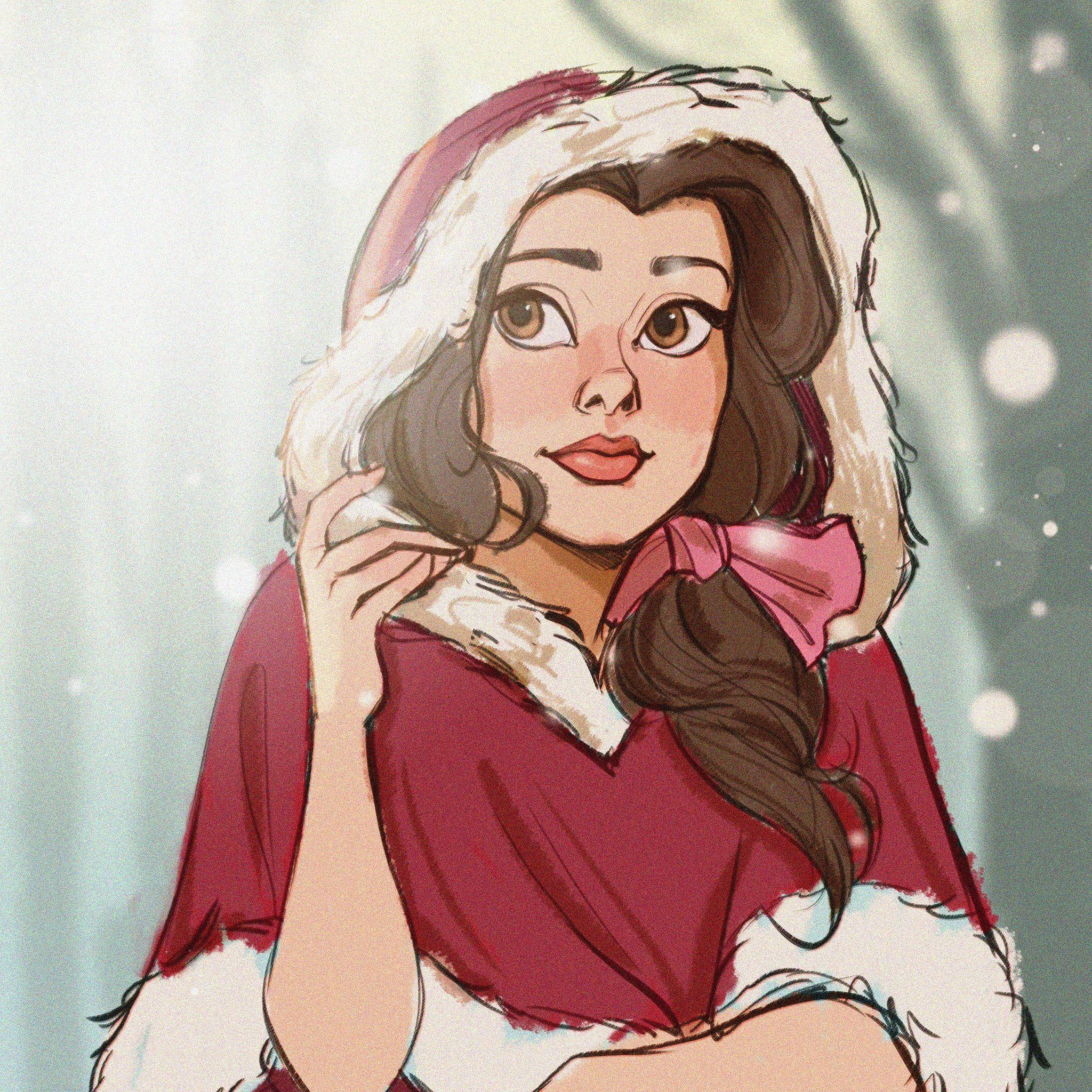 Belle, red winter coat, white fur trim, Full HD Desktop Wallpaper