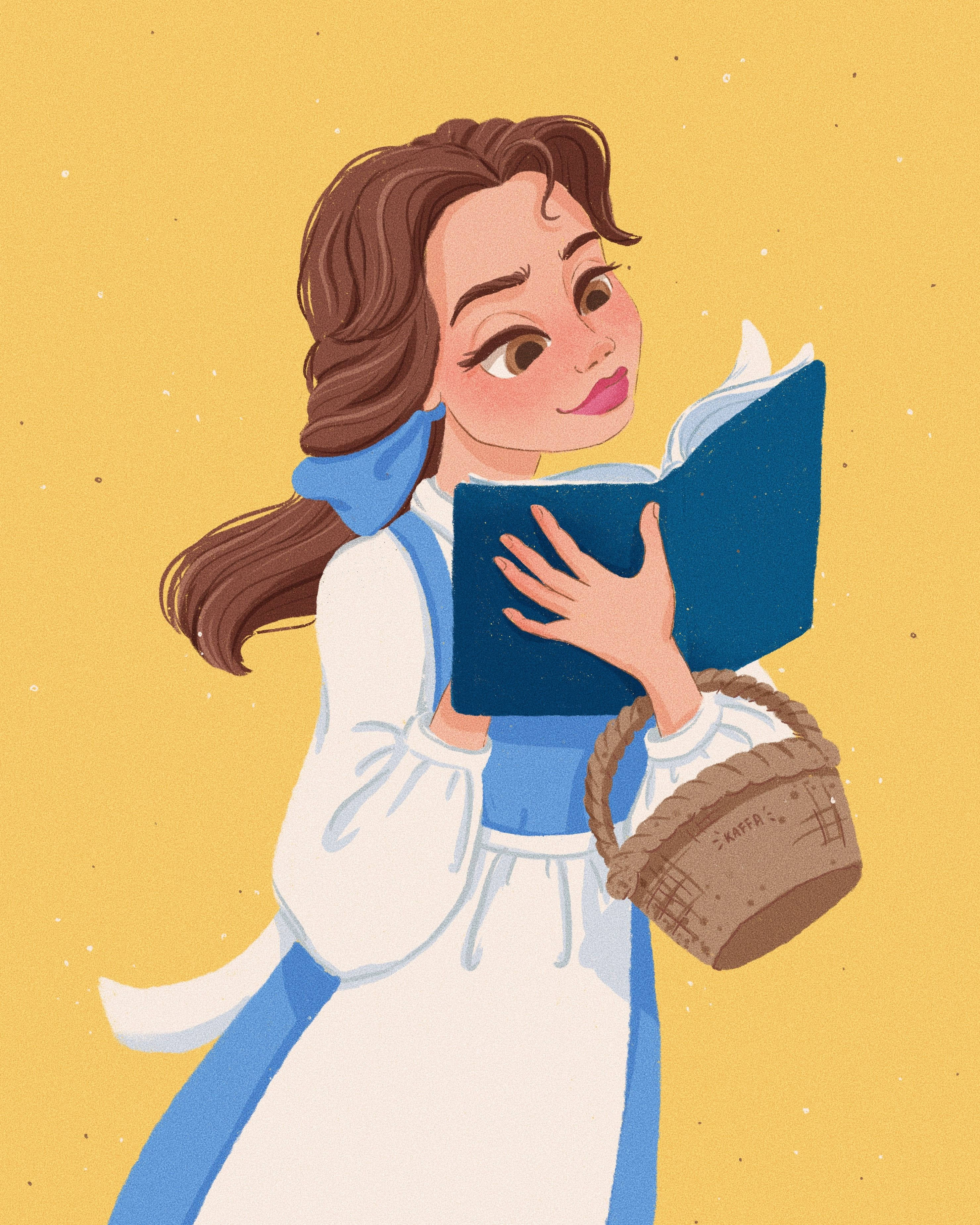 Belle, blue and white dress, woven basket, 2K Phone Wallpaper