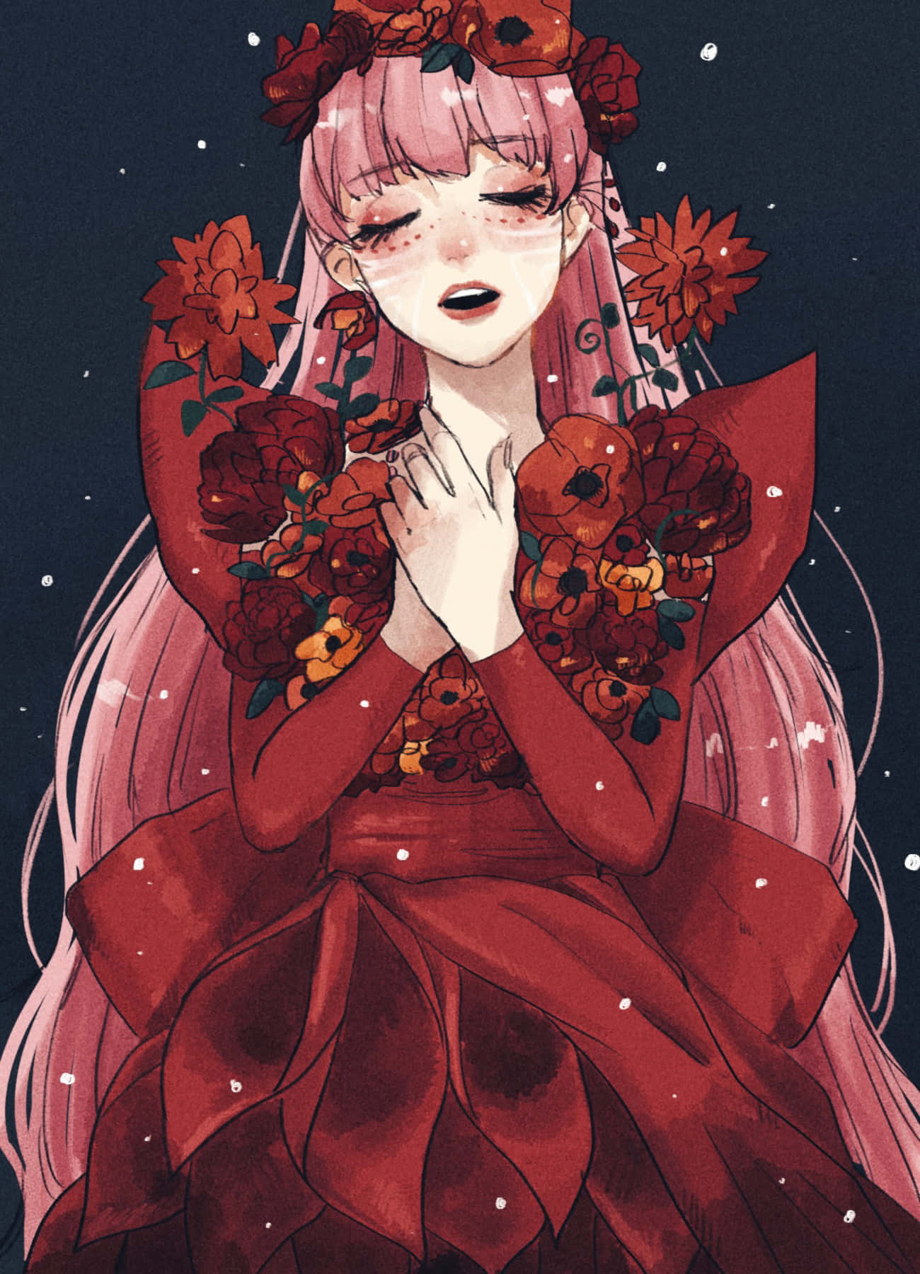Belle, pink-haired anime girl, red floral gown, HD Phone Wallpaper