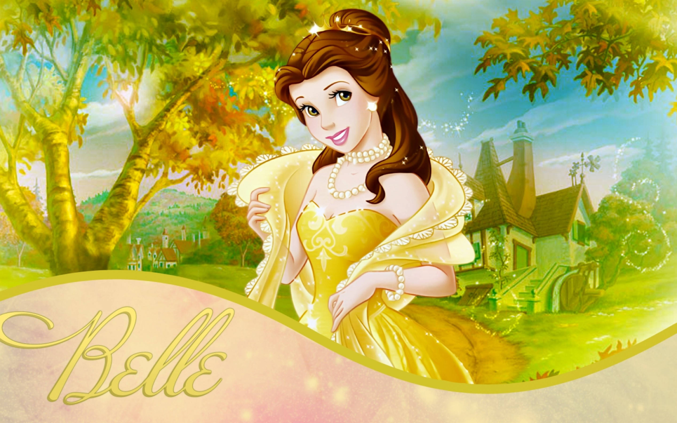 Belle, yellow gown, sunlit forest clearing, 2K Desktop Wallpaper