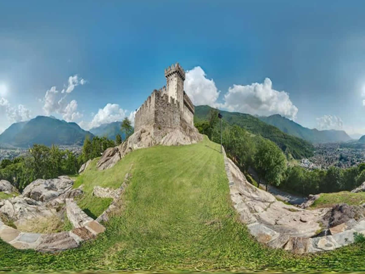 Bellinzona Switzerland, Ancient stone castle, grassy hill, SD Desktop Wallpaper