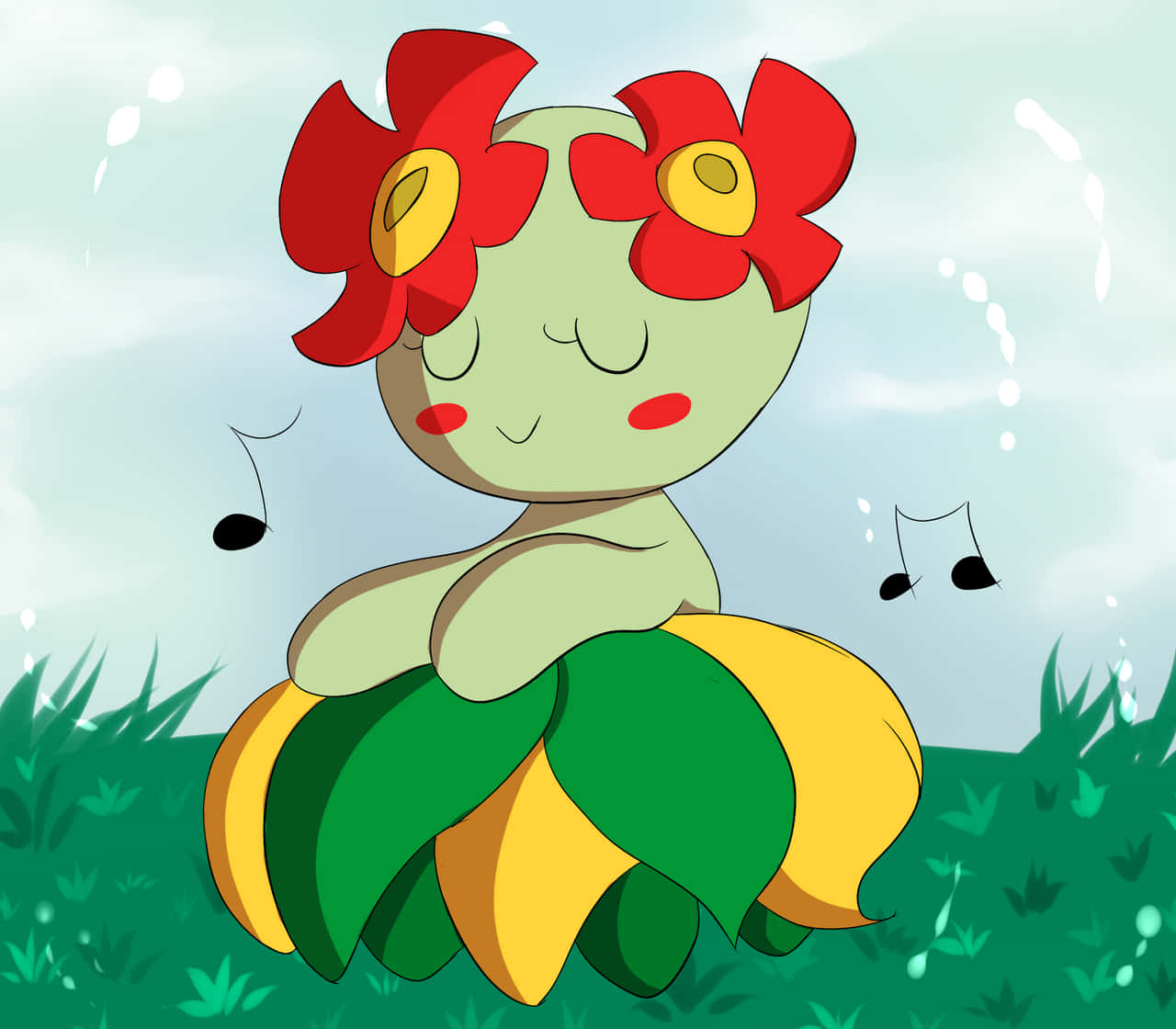 Bellossom, red blooms, grass, HD Desktop Wallpaper