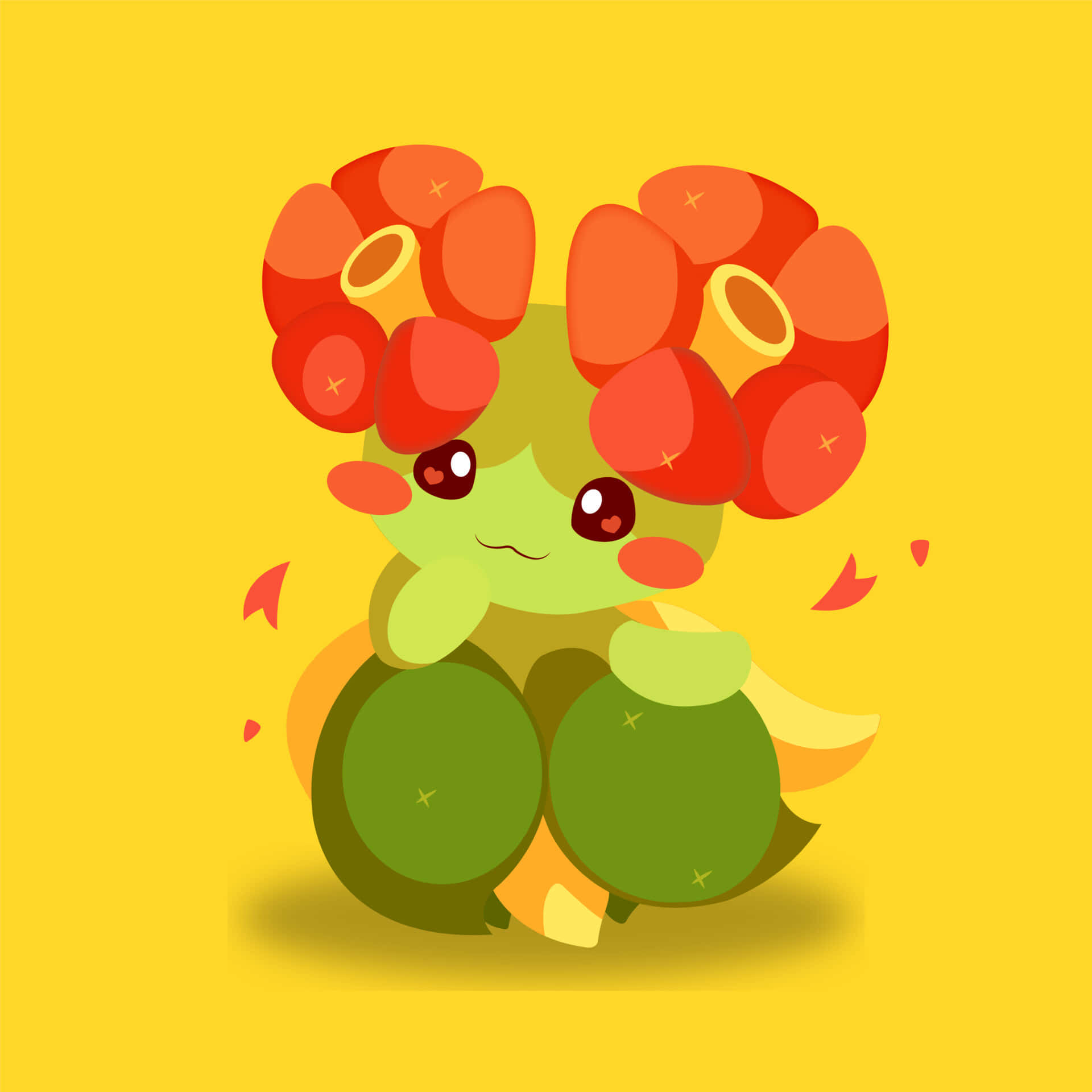 Anxious Bellossom, green cartoon creature, red flower-like hair, Full HD Desktop Wallpaper