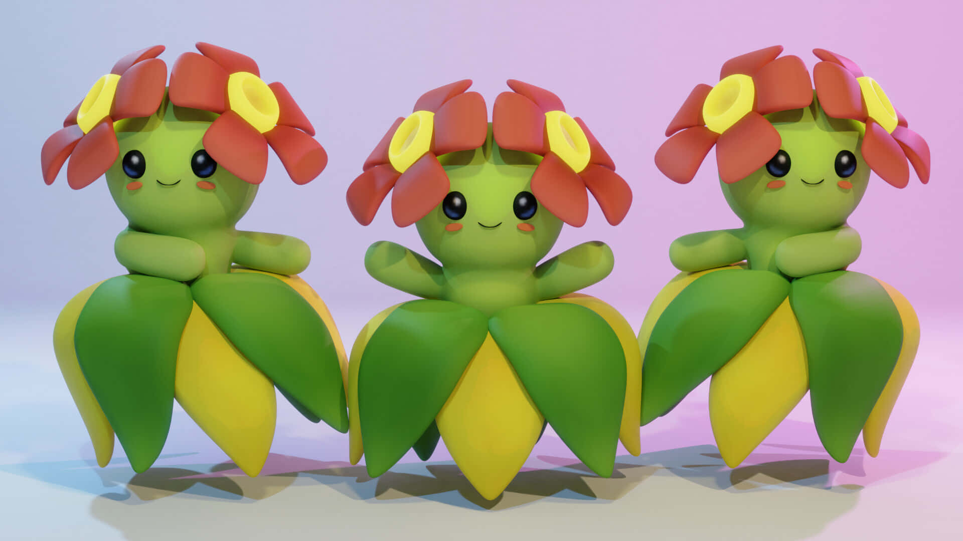 Bellossom, green flower creatures, red and yellow petals, Full HD Desktop Wallpaper