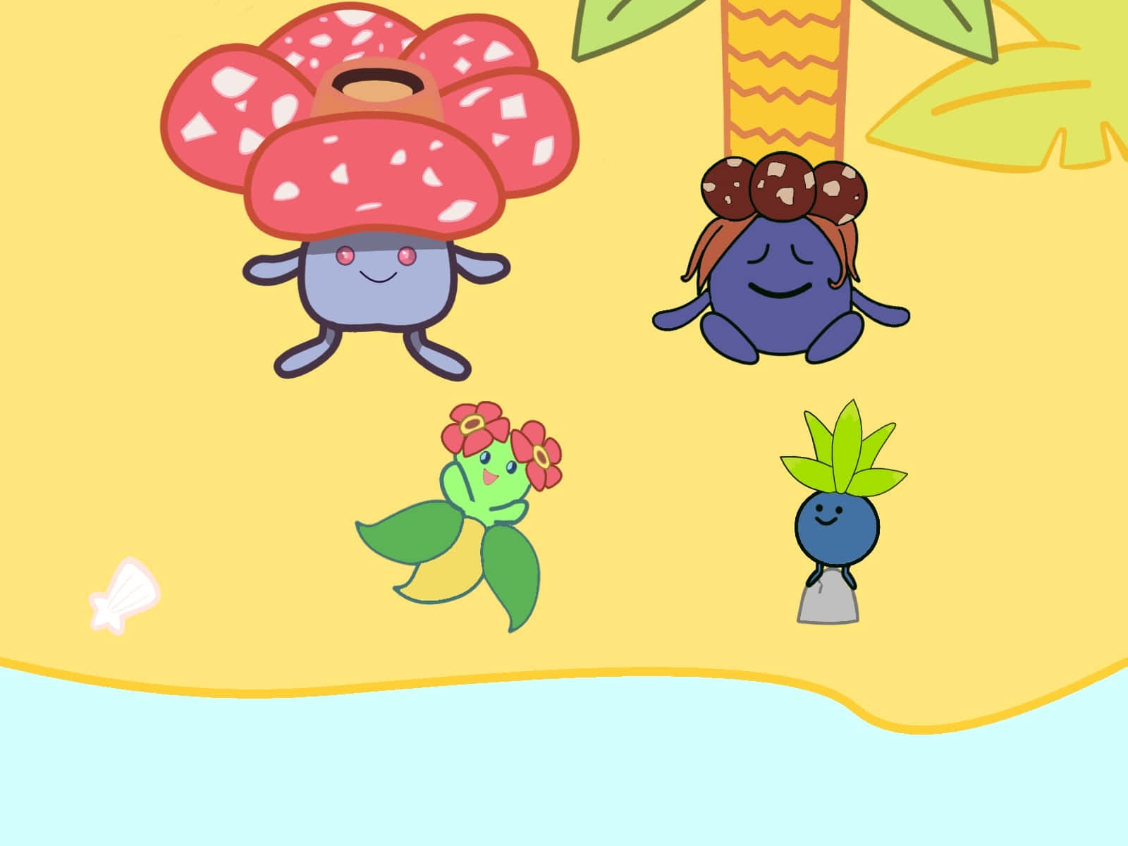 Bellossom, friends, palm tree, HD Desktop Wallpaper