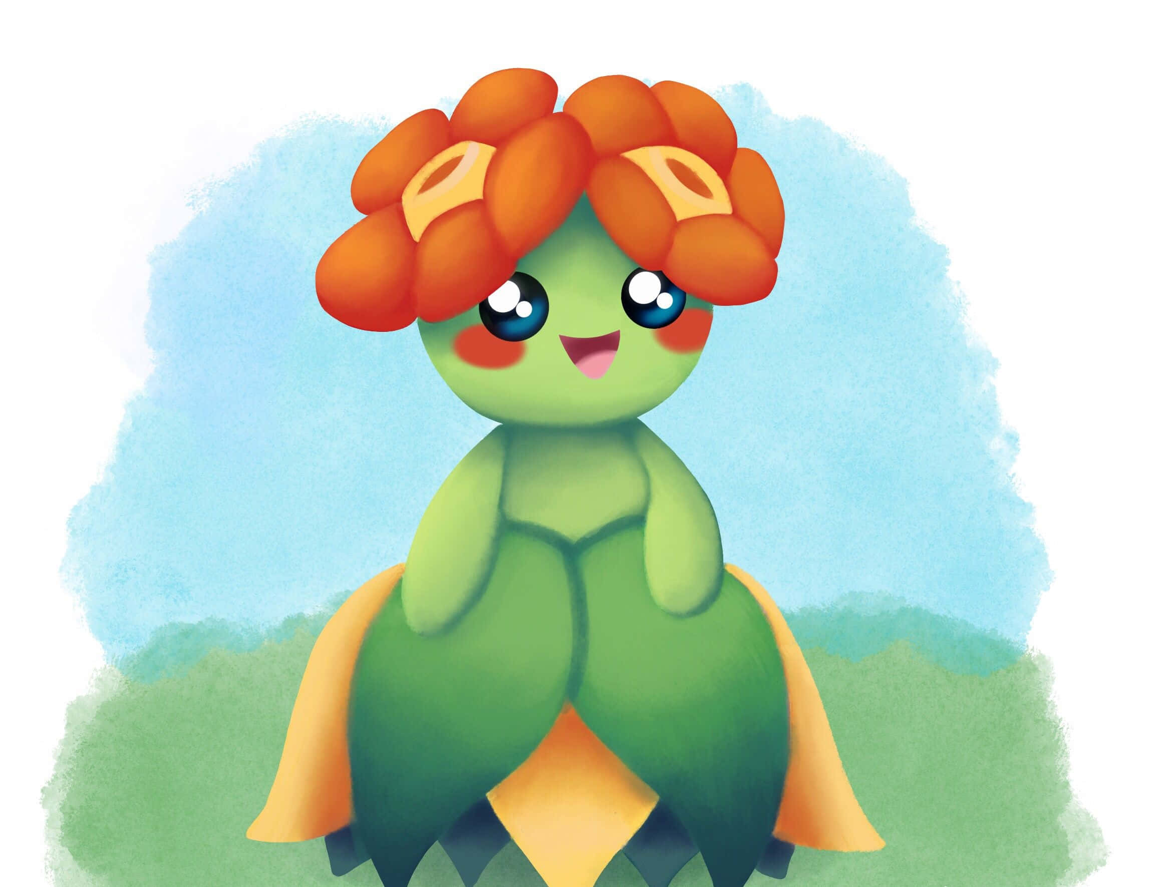 Bellossom, green cartoon creature, orange flower-like hair, Full HD Desktop Wallpaper