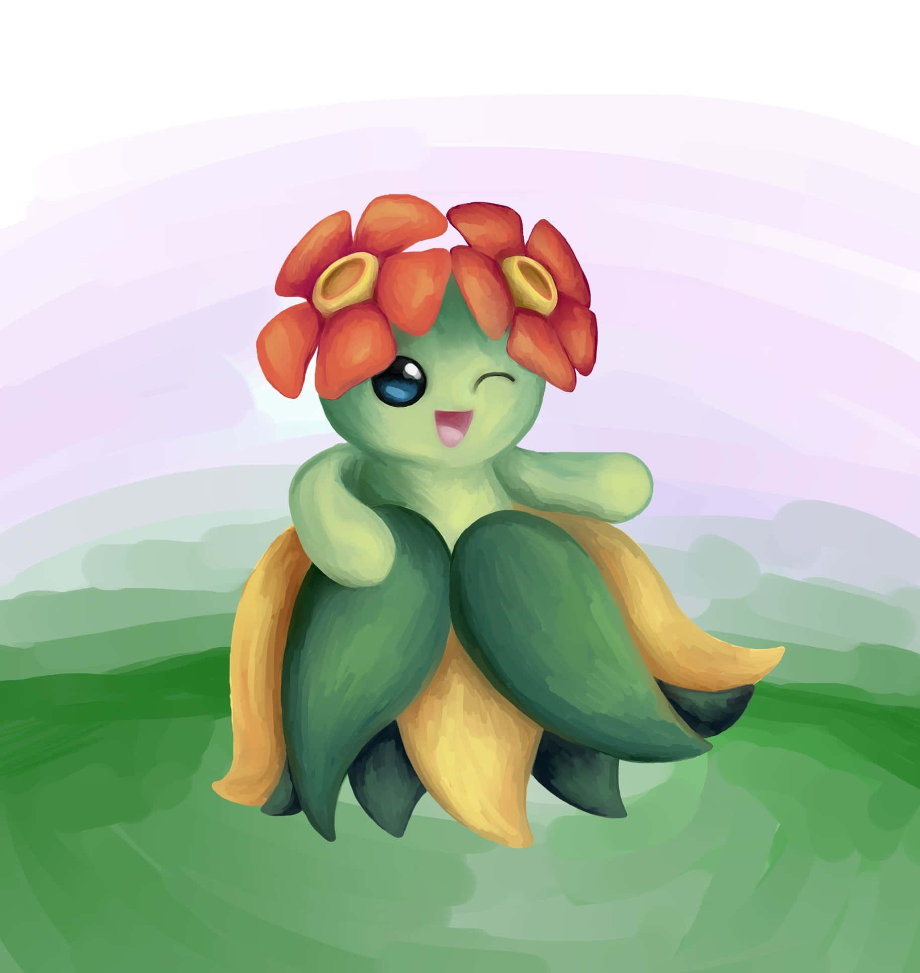 Bellossom, green cartoon creature, orange flower-like headwear, Full HD Phone Wallpaper