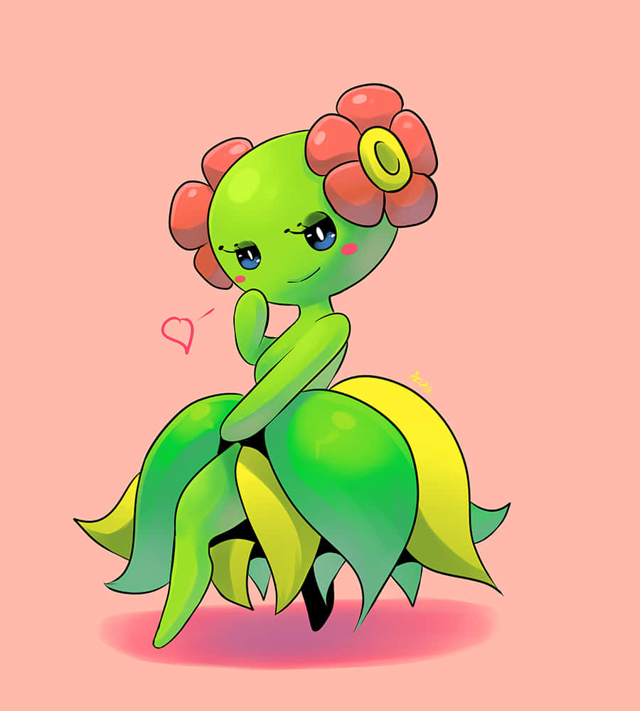 Bellossom, green anime-style flower creature, red petals, SD Phone Wallpaper