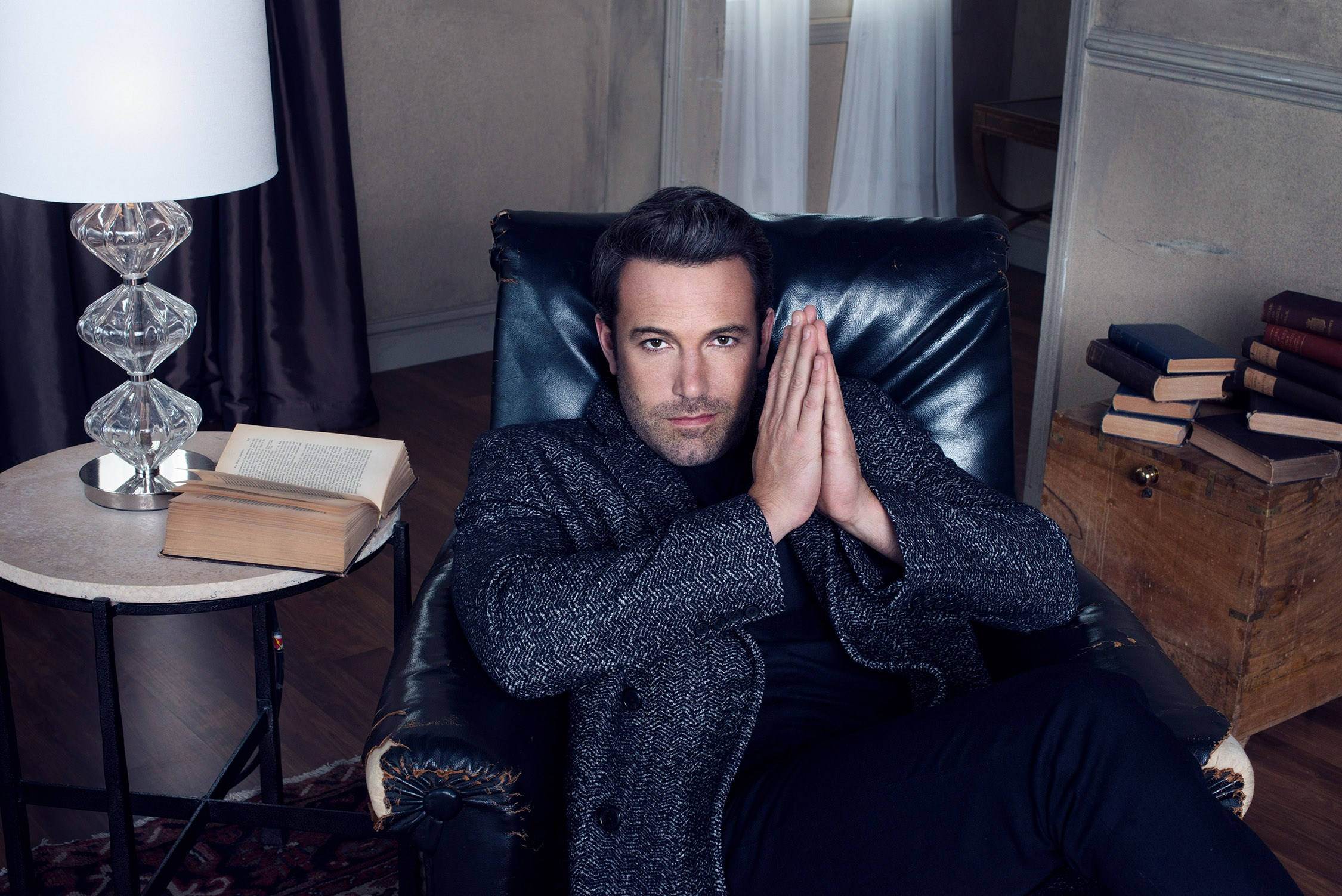 Ben Affleck, textured coat, black leather chair, Full HD Desktop Wallpaper