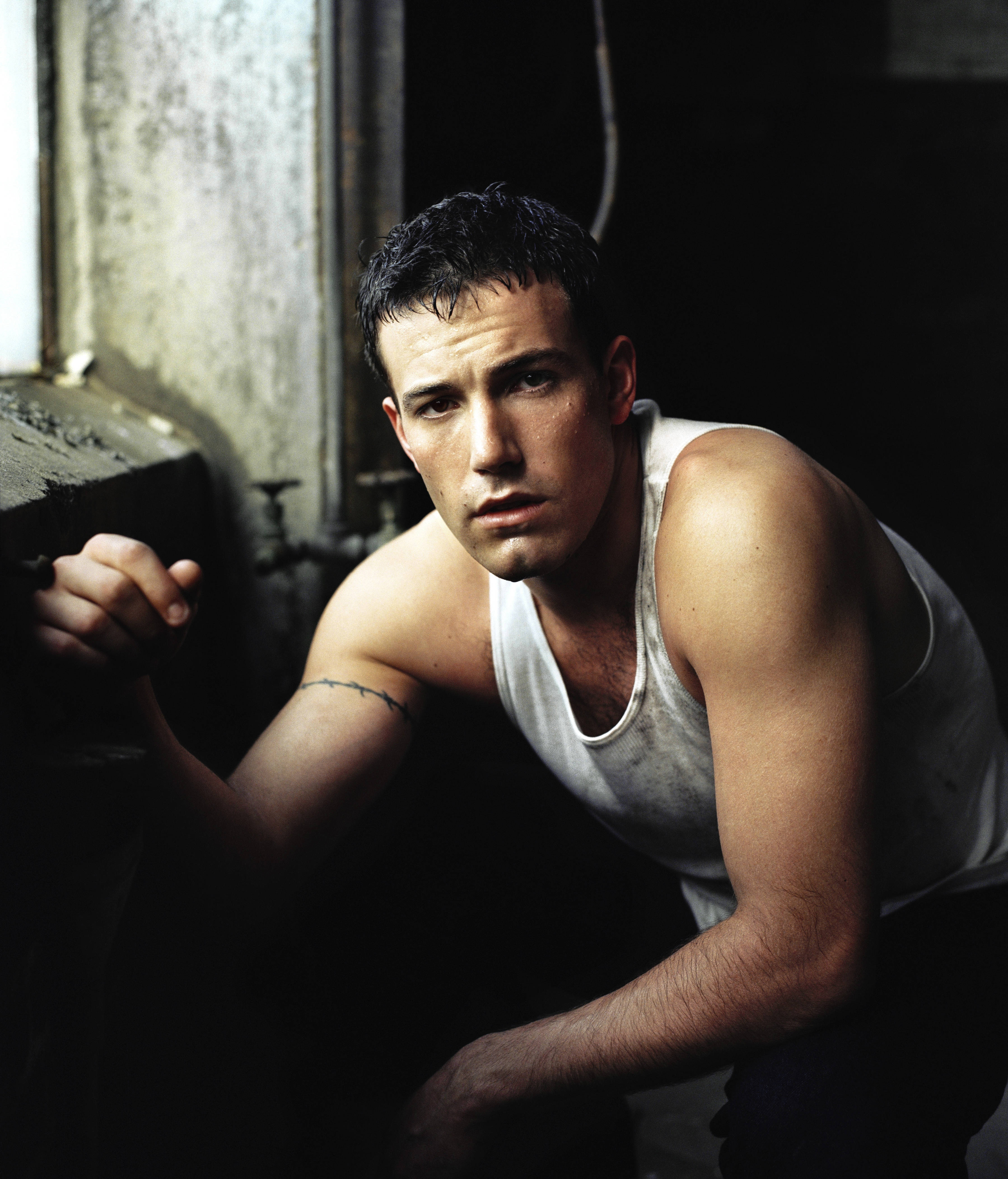 Ben Affleck, white tank top, gritty wall, 4K Phone Wallpaper