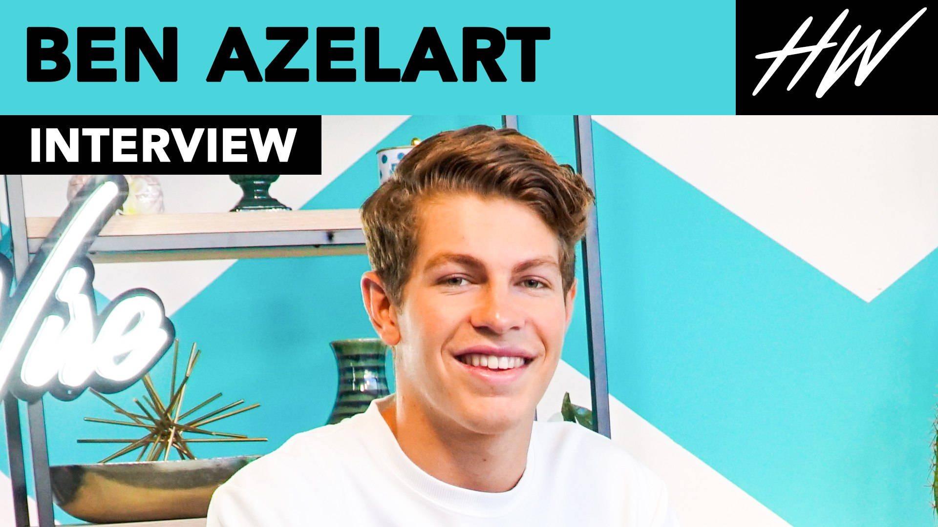 Ben Azelart, white t-shirt, vibrant turquoise and white geometric background, Full HD Desktop Wallpaper