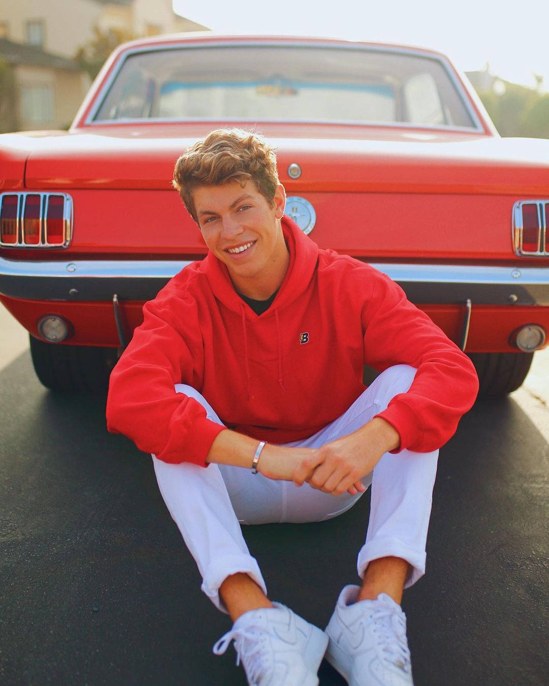 Ben Azelart, red hoodie, classic red Mustang, HD Phone Wallpaper