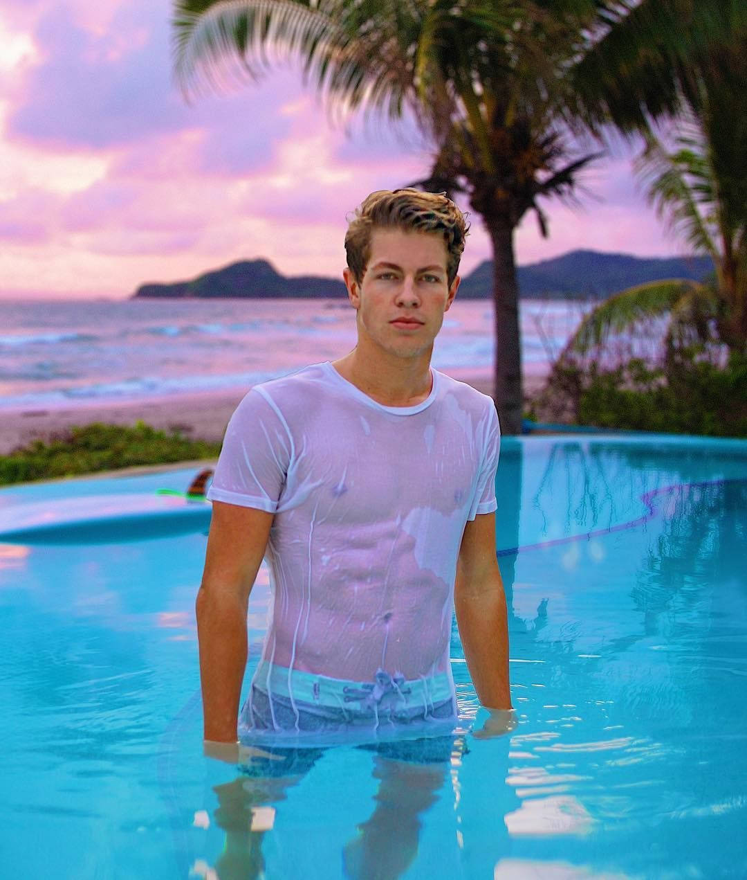 Ben Azelart, turquoise infinity pool, pink sunset, SD Phone Wallpaper