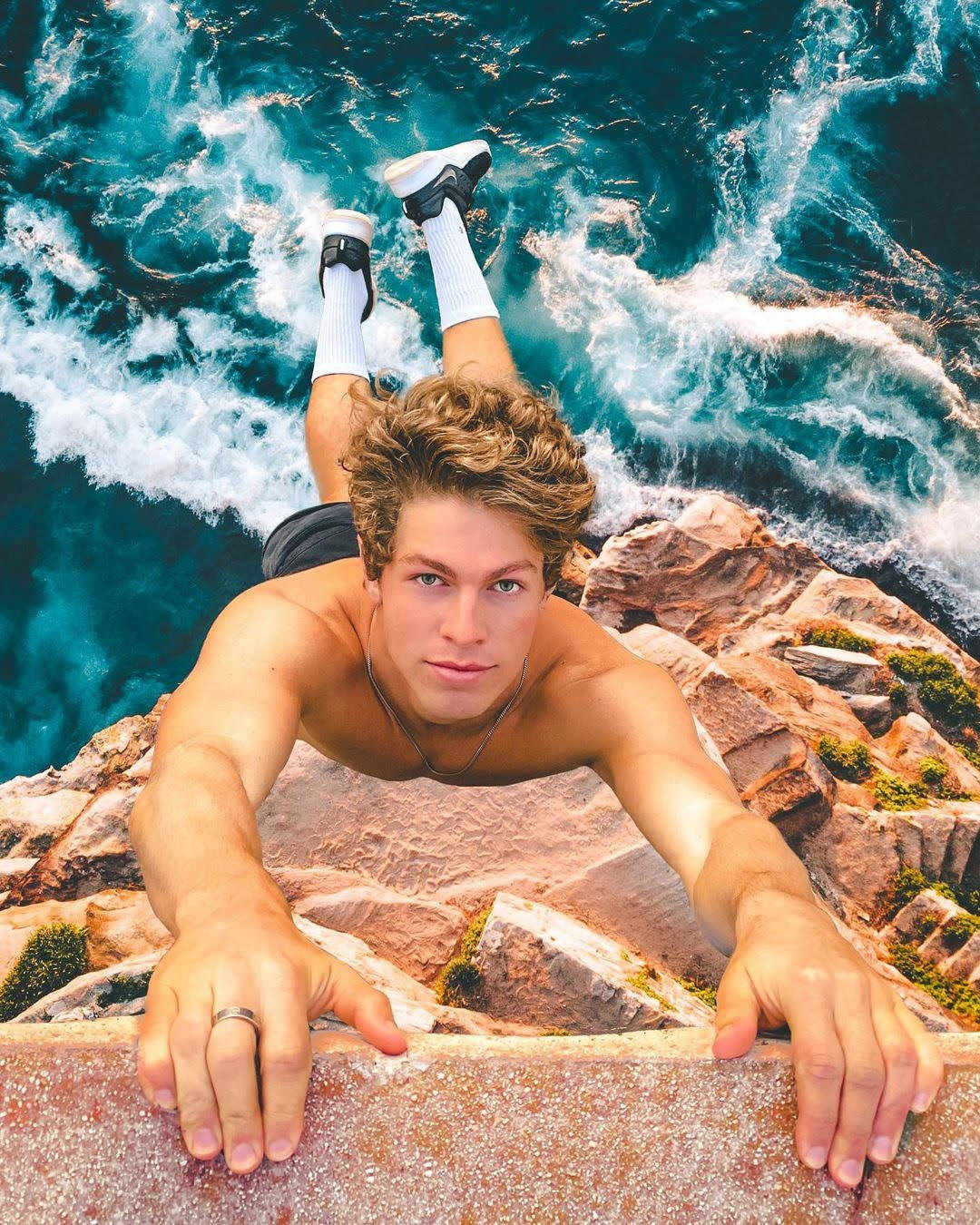Ben Azelart, cliff, turquoise ocean, HD Phone Wallpaper