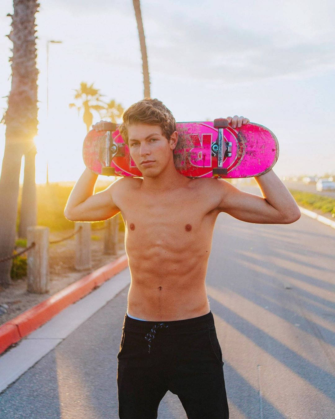 Ben Azelart, bright pink skateboard, sunlit palm-lined street, HD Phone Wallpaper