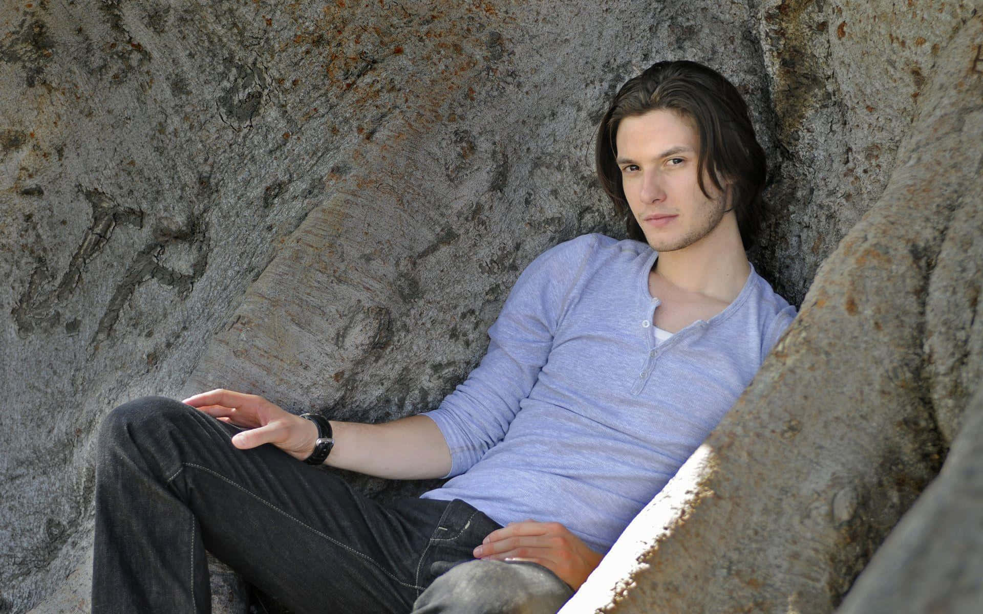 Ben Barnes, light blue shirt, textured gray rock formation, Full HD Desktop Wallpaper