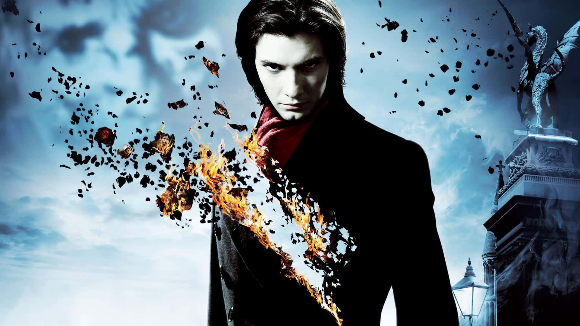 Ben Barnes, black suit, fiery orange flames, Full HD Desktop Wallpaper