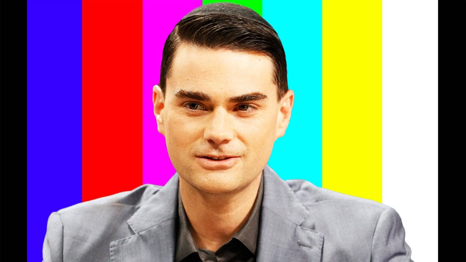 Ben Shapiro, gray suit, multicolored striped background, HD Desktop Wallpaper