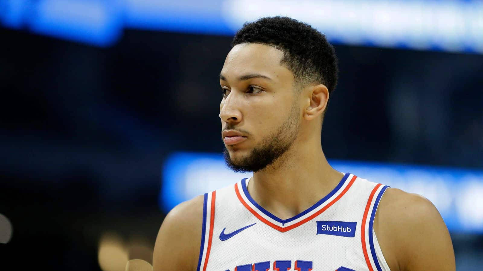 Ben Simmons, white jersey, blue and red trim, HD Desktop Wallpaper
