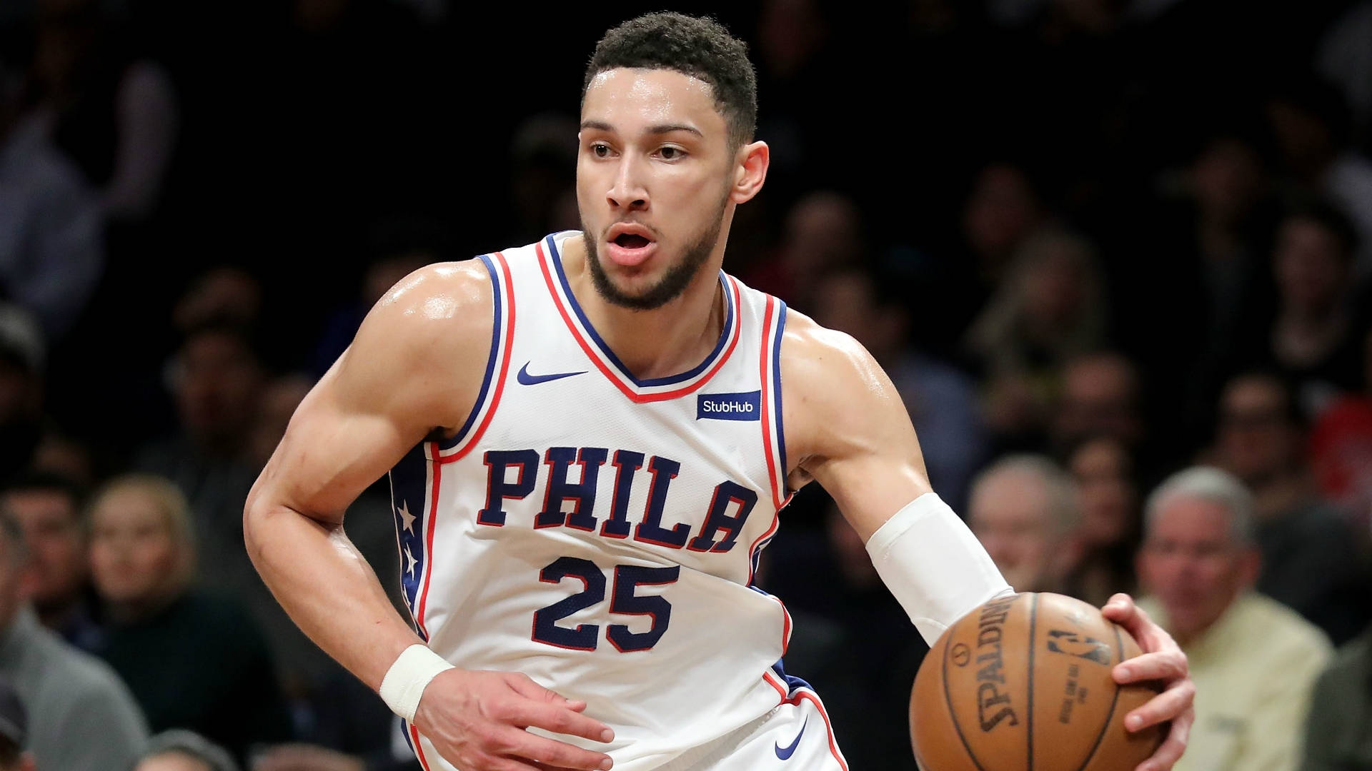 Ben Simmons, white Phila jersey, bright arena lights, Full HD Desktop Wallpaper