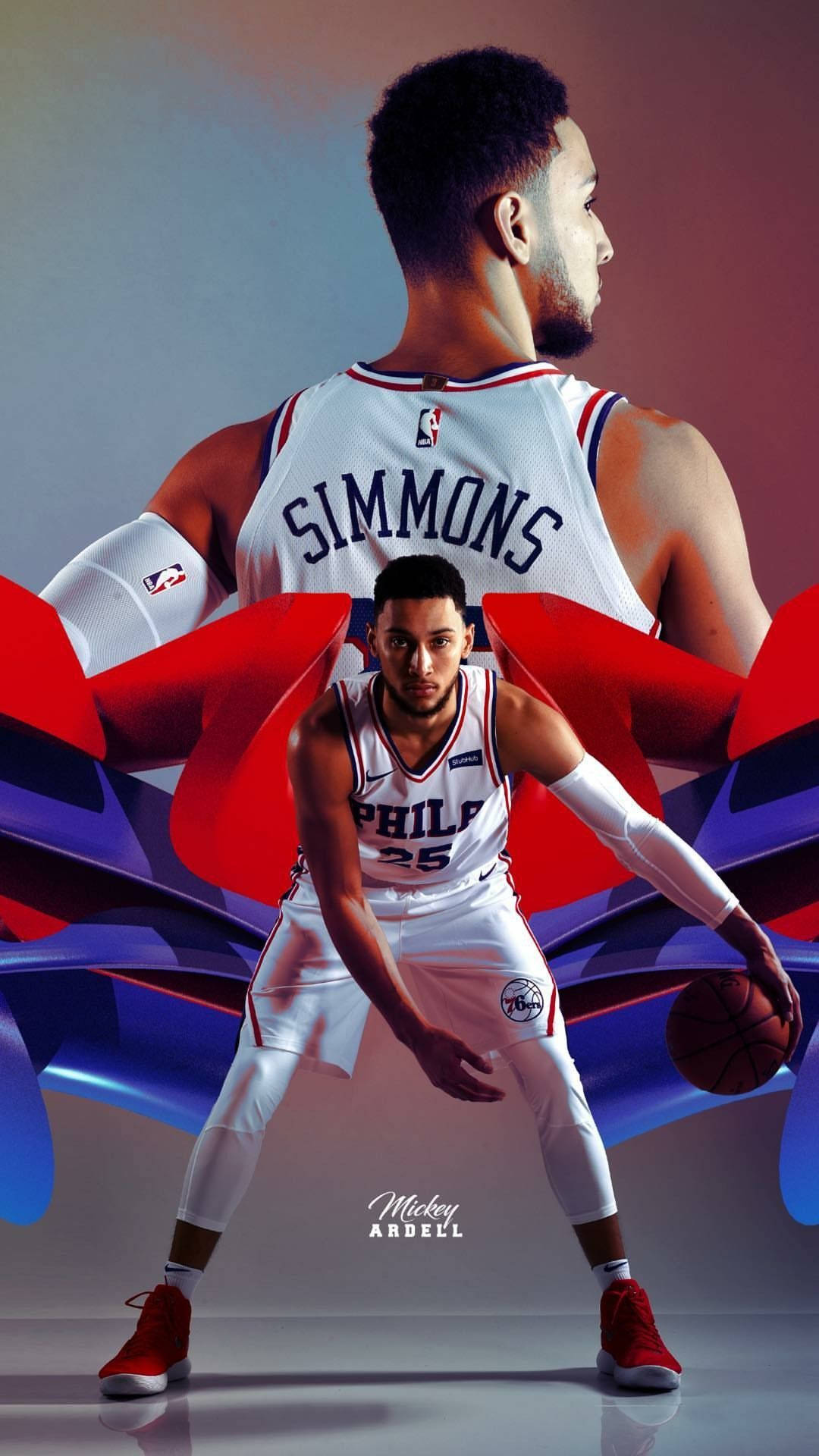 Ben Simmons, white Philly jersey, stylized red blue background, Full HD Phone Wallpaper