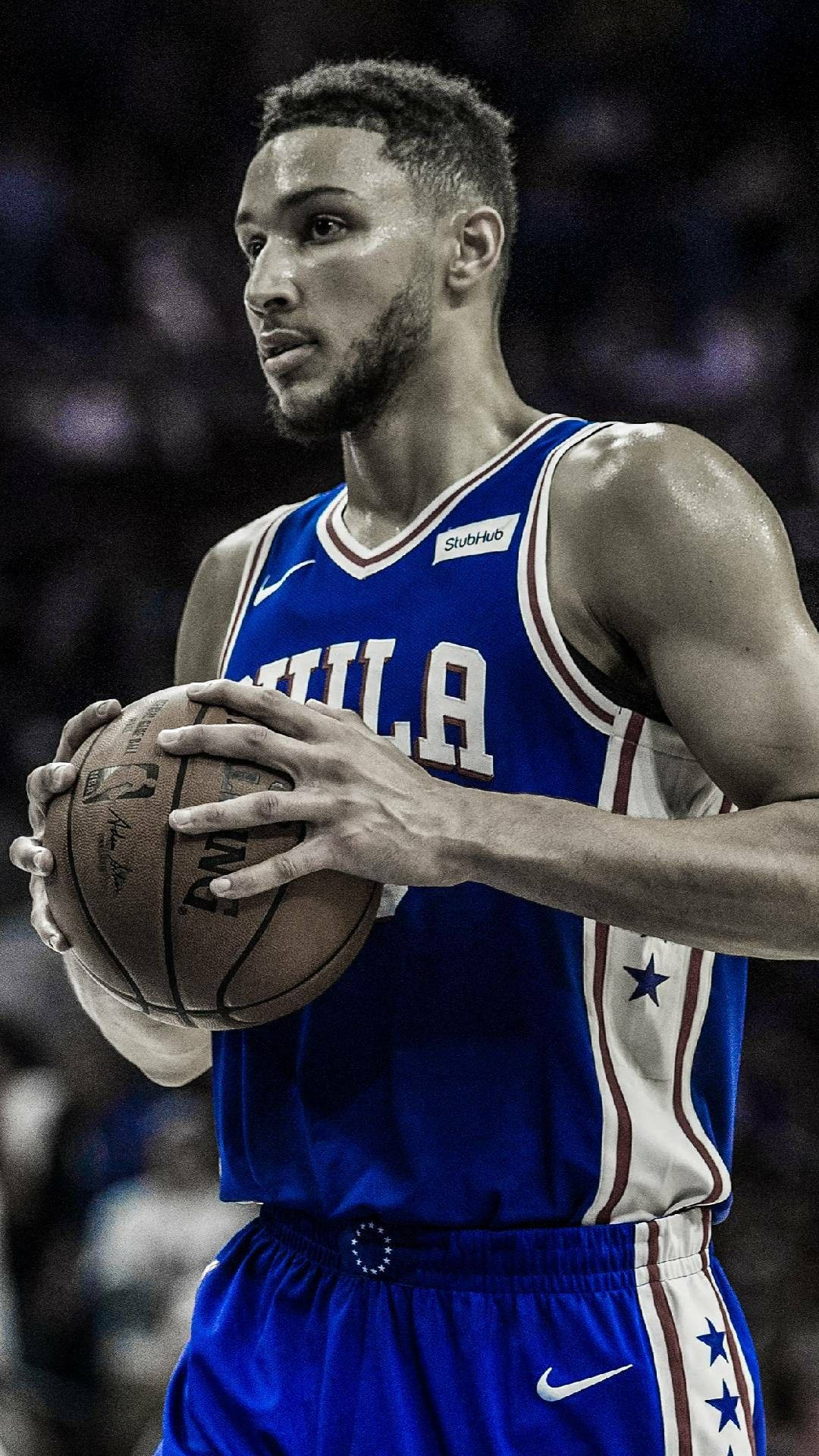 Ben Simmons, blue Philadelphia jersey, arena lights, Full HD Phone Wallpaper