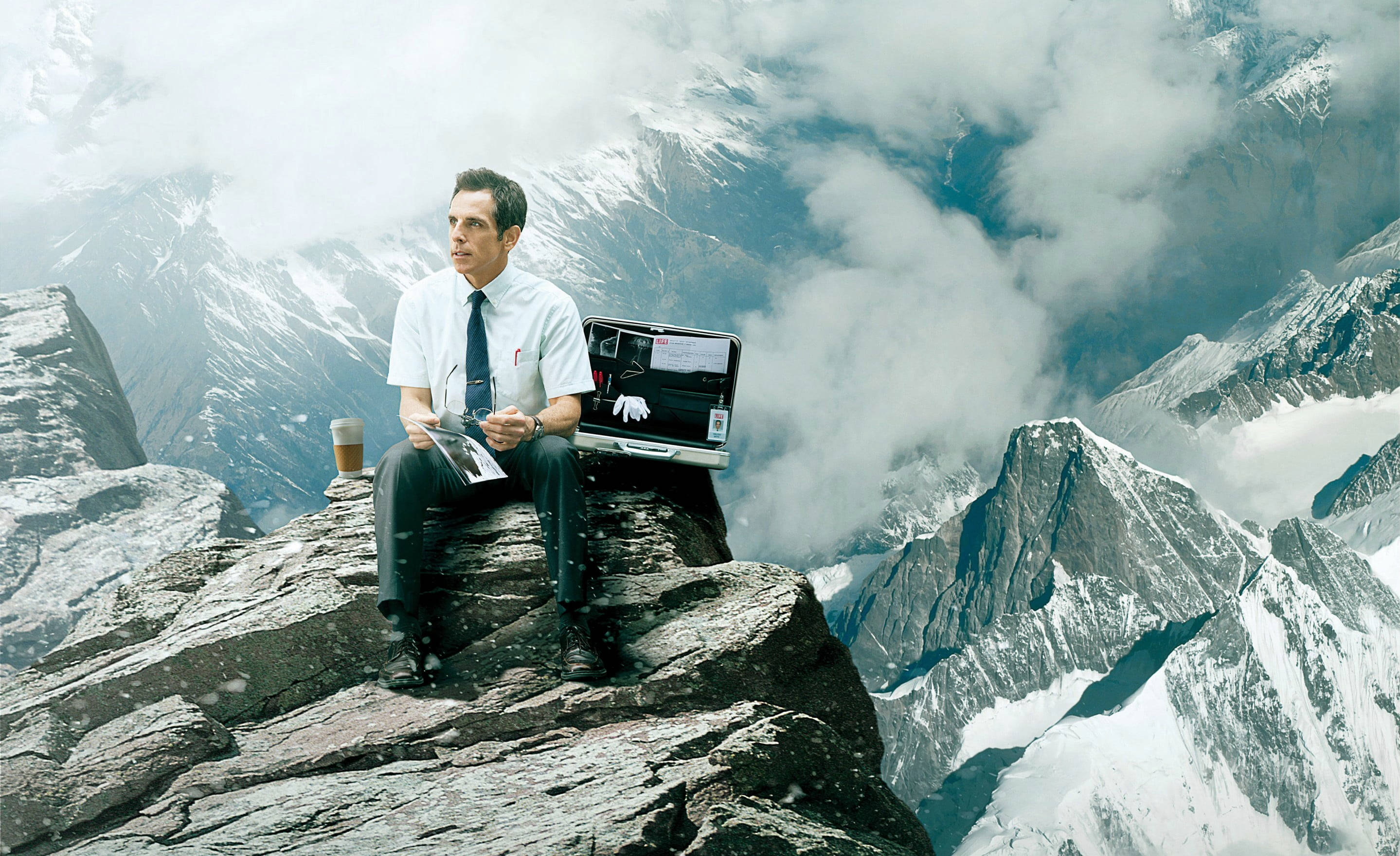 Ben Stiller, snowy mountain peak, white shirt and tie, 2K Desktop Wallpaper