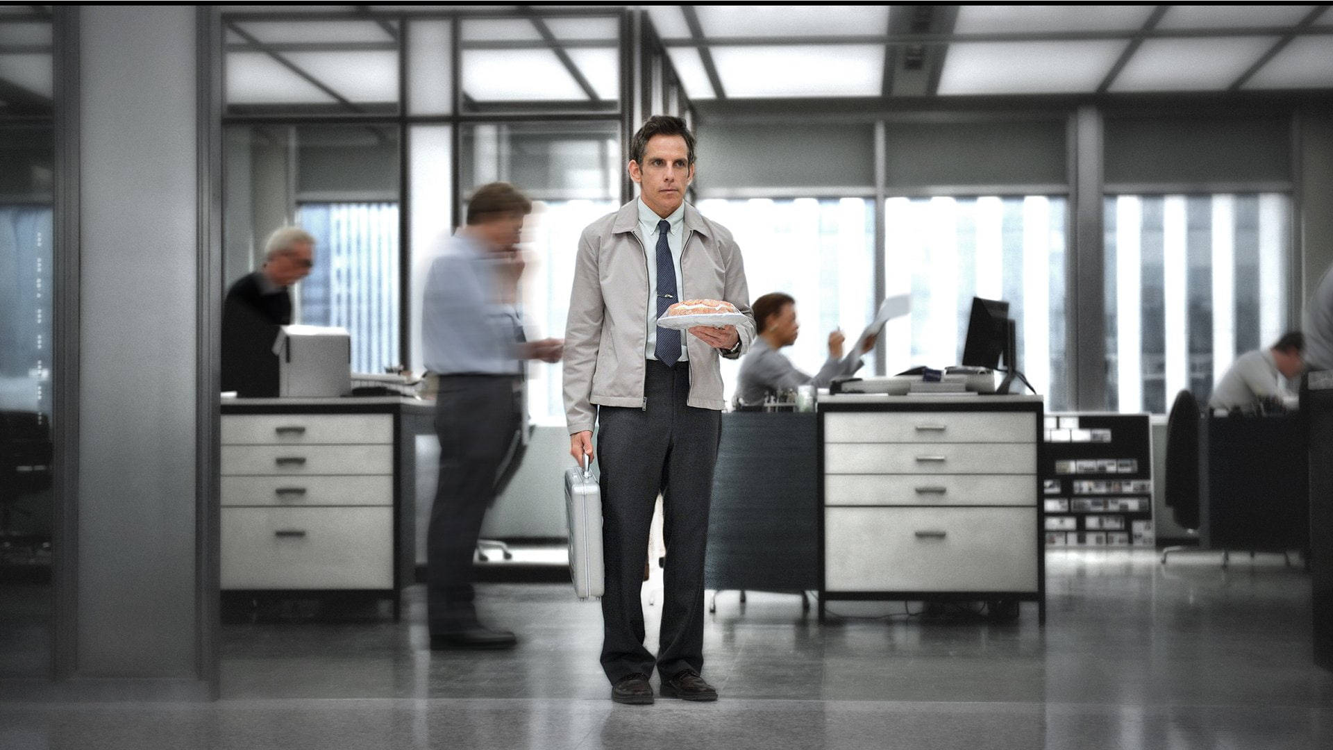 Ben Stiller, gray suit, bustling modern office, Full HD Desktop Wallpaper