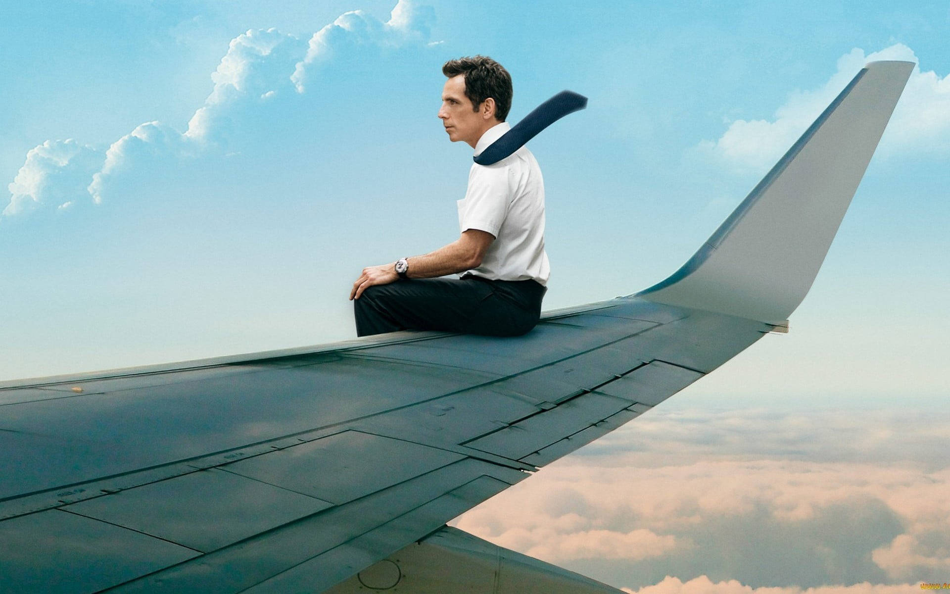 Ben Stiller, airplane wing, soft blue sky, Full HD Desktop Wallpaper