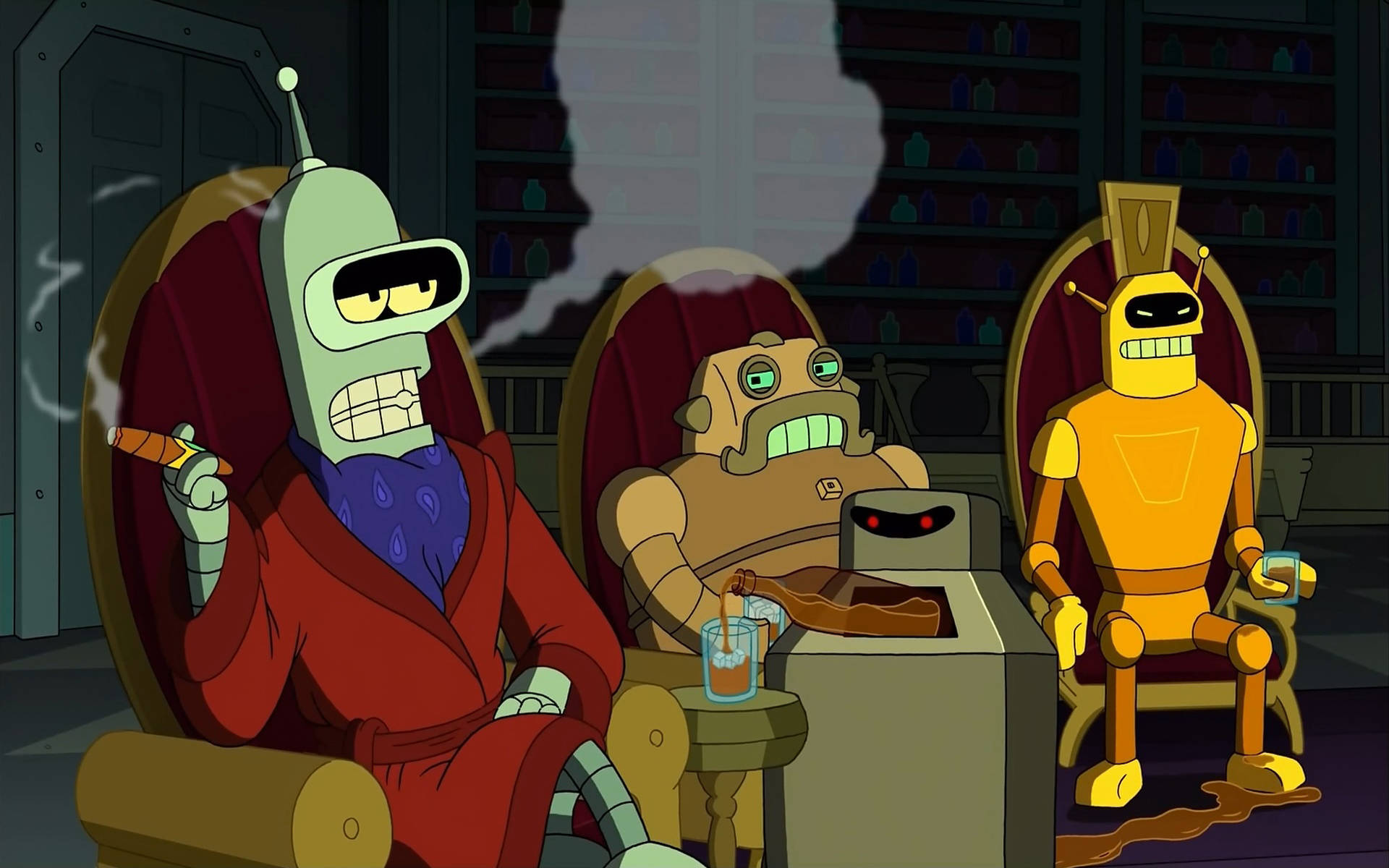 Bender Futurama, cigars, dimly lit bar, Full HD Desktop Wallpaper