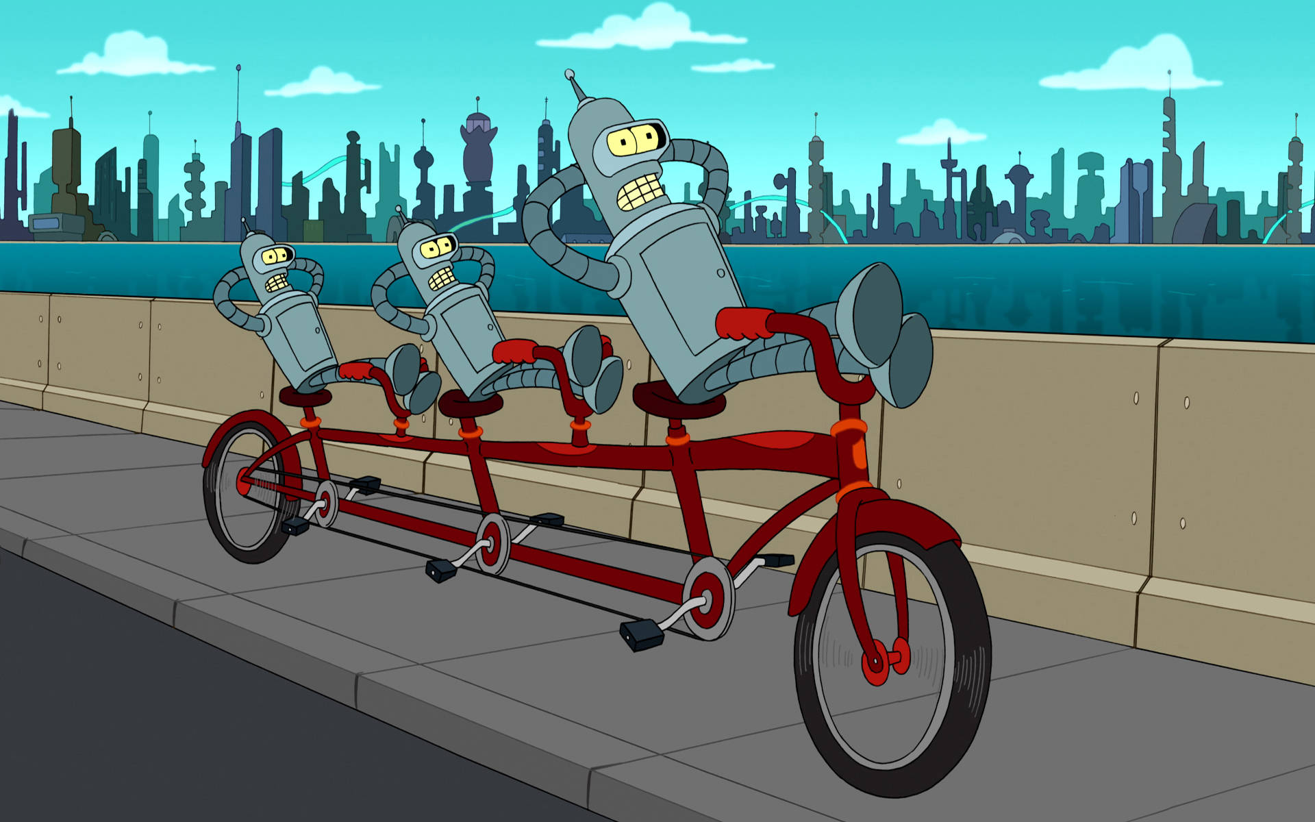 Bender Futurama, tandem bike, red, Full HD Desktop Wallpaper