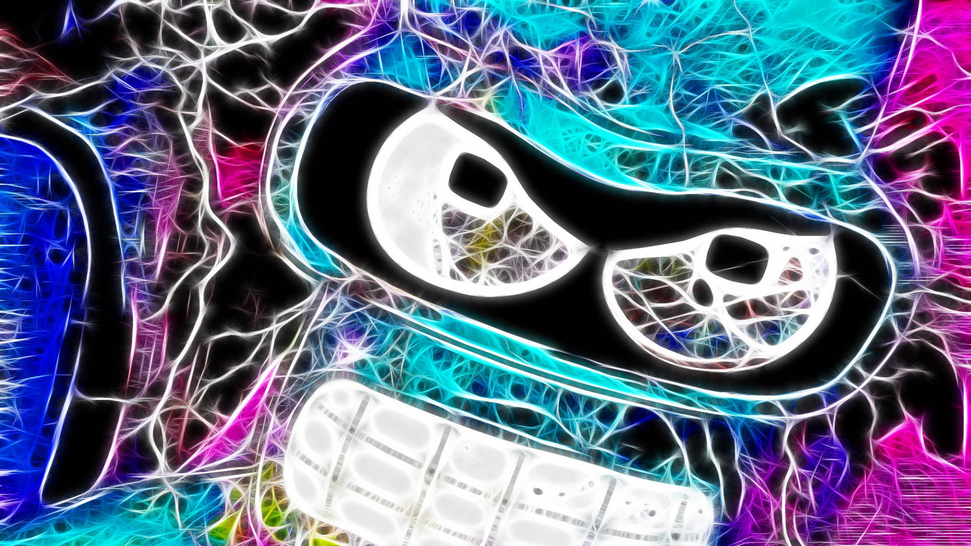 Bender Futurama, neon fractal patterns, glowing white mask, Full HD Desktop Wallpaper