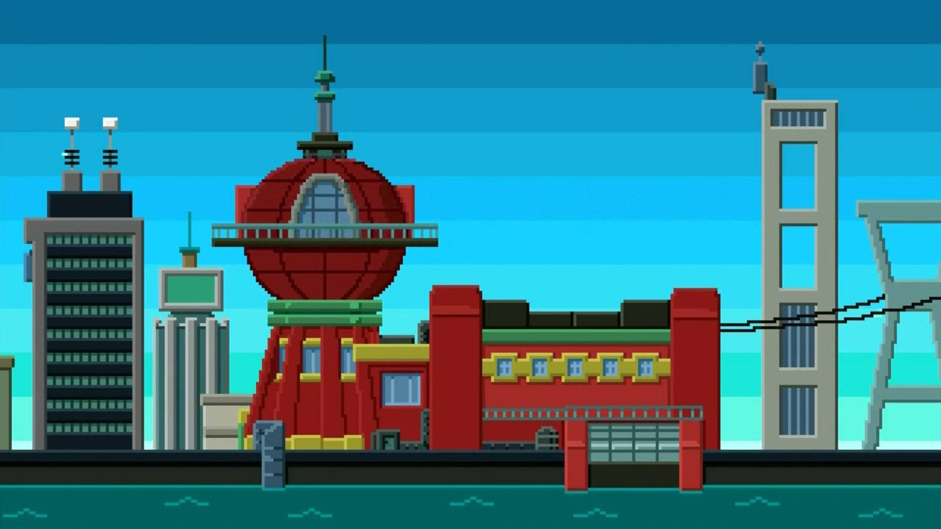 Futurama, pixel-art cityscape, red domed building, Full HD Desktop Wallpaper