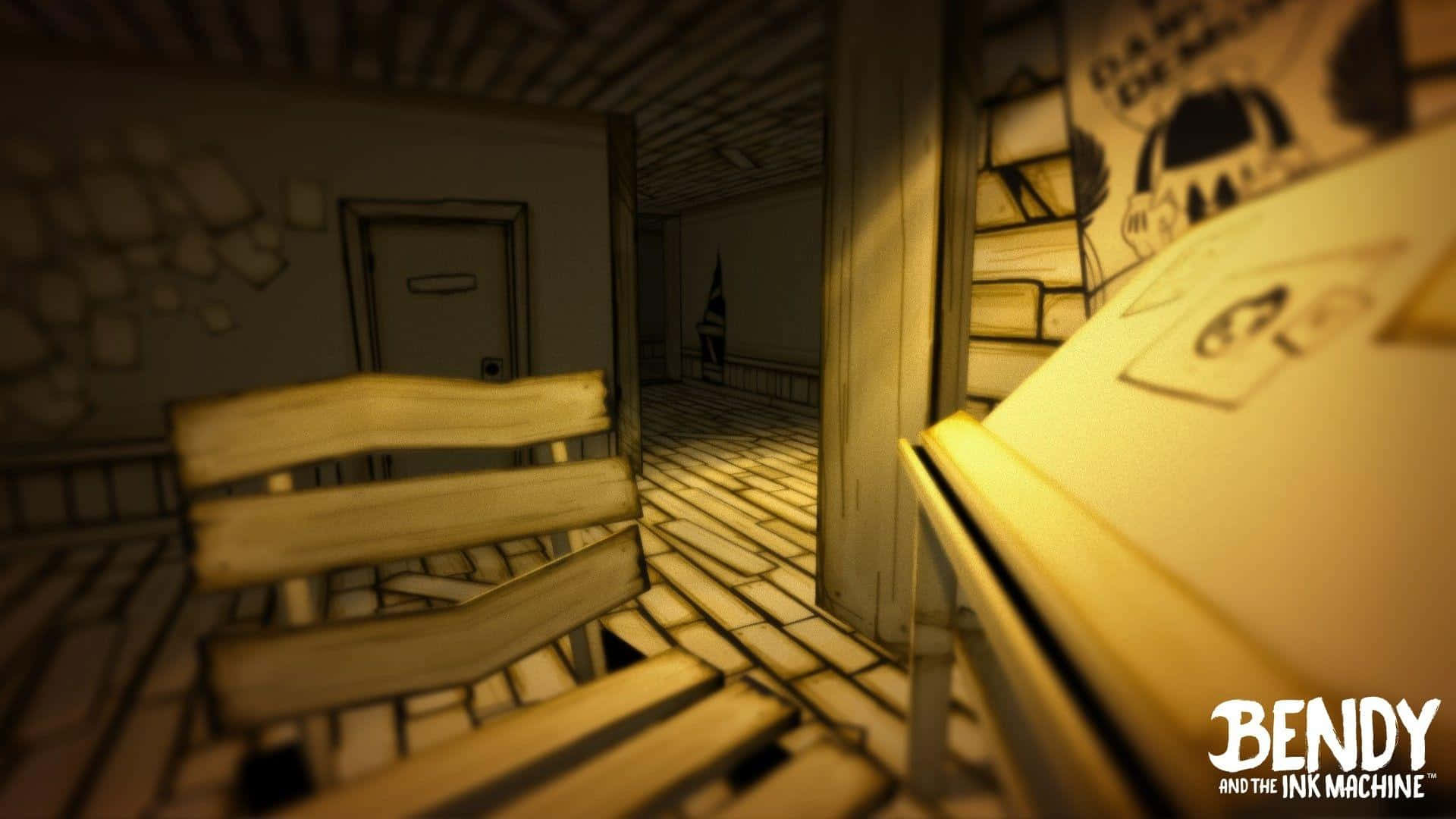 Bendy and the Ink Machine, hallway, wooden chairs, Full HD Desktop Wallpaper