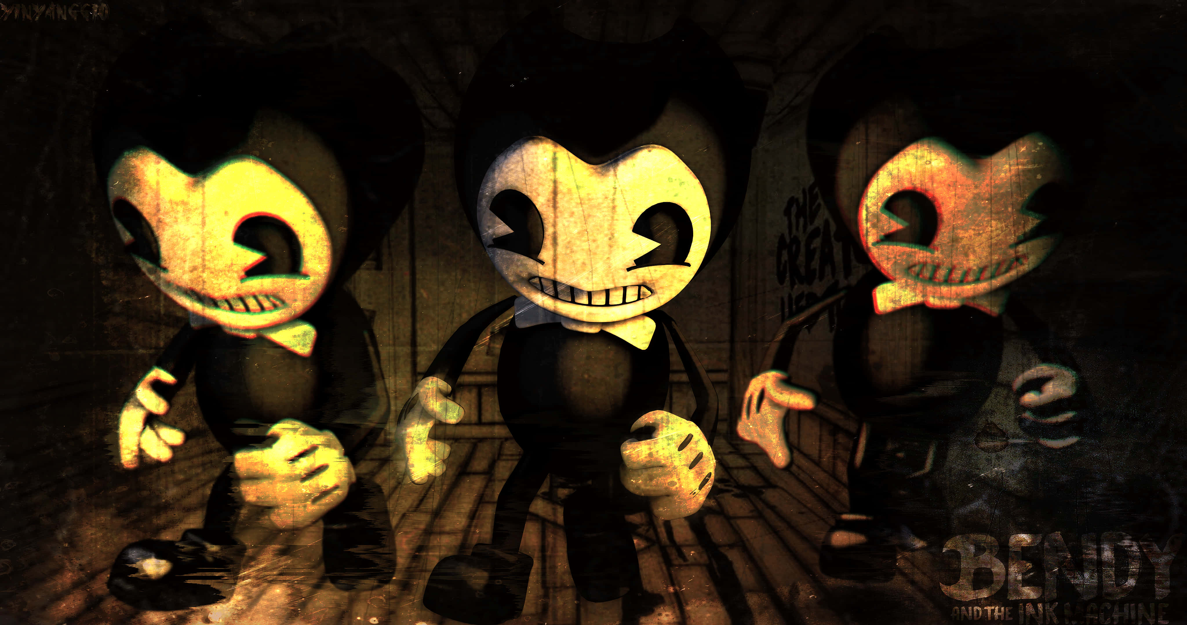 Bendy and the Ink Machine, stitched mouths, glowing eyes, 4K Desktop Wallpaper