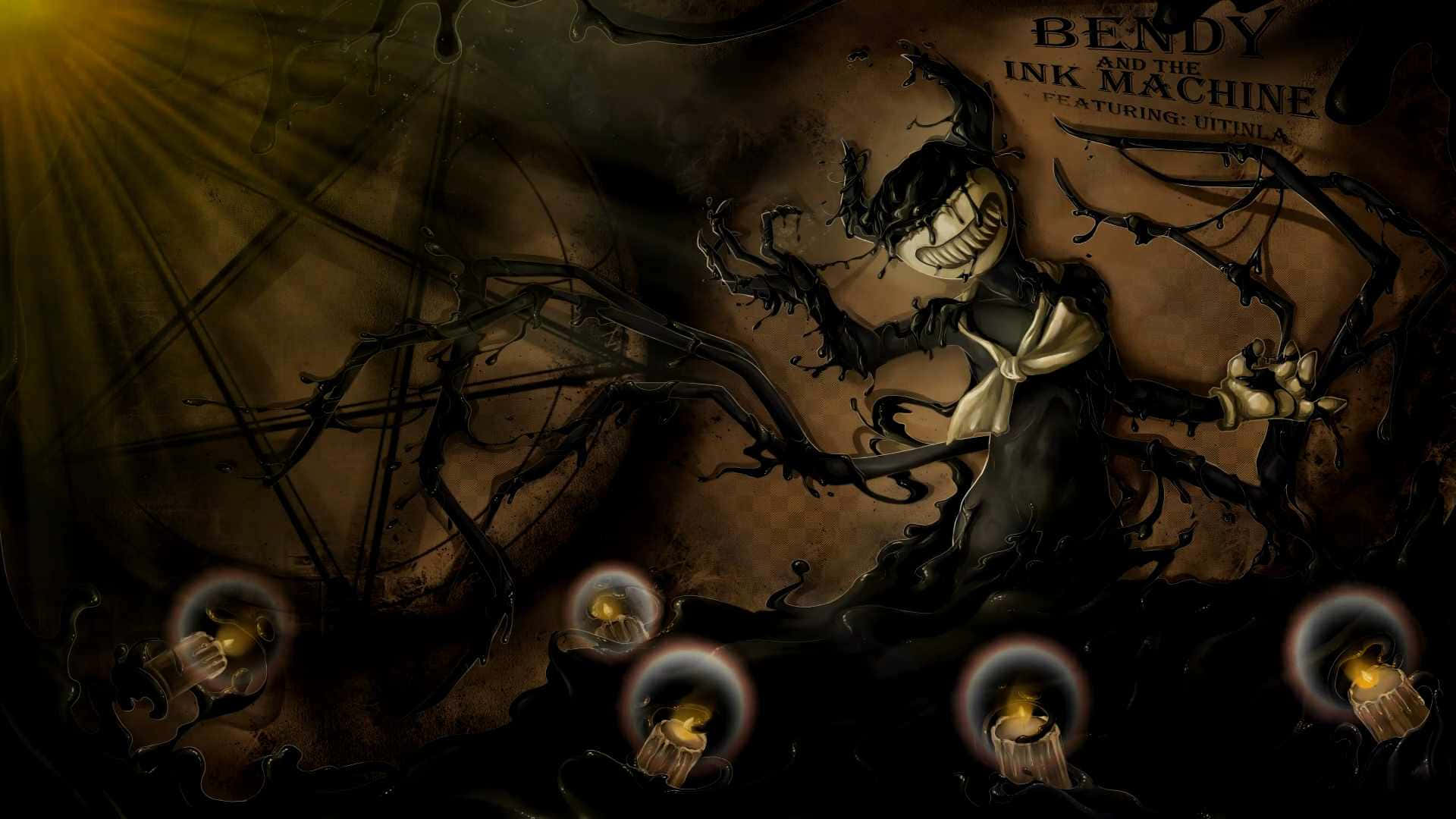 Bendy, ink-like cartoon character, wide grin, Full HD Desktop Wallpaper